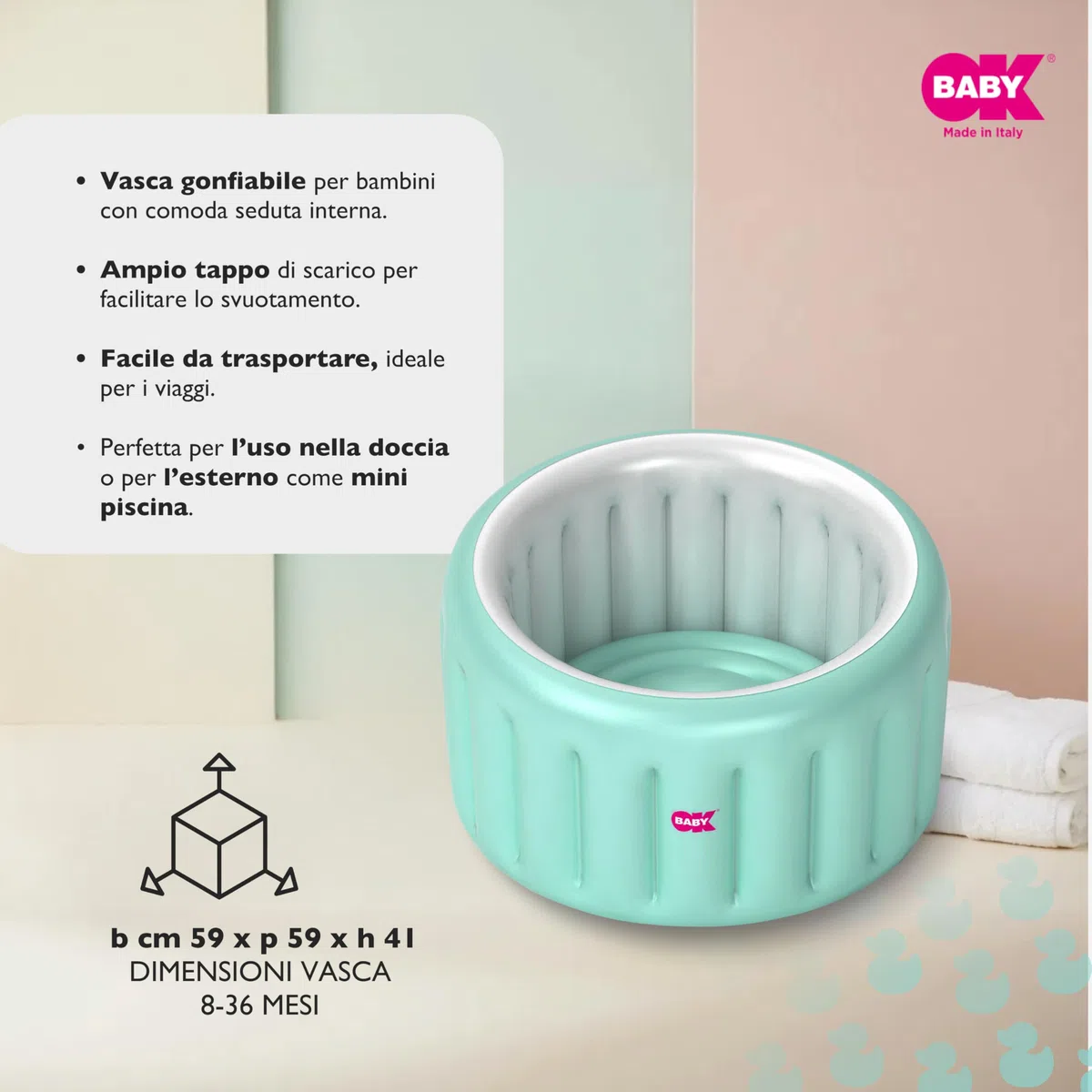 OKBABY Vaschetta Gonfiabile Oplà Soft per Bagnetto Bambino - da 8 a 36 Mesi - Azzurro