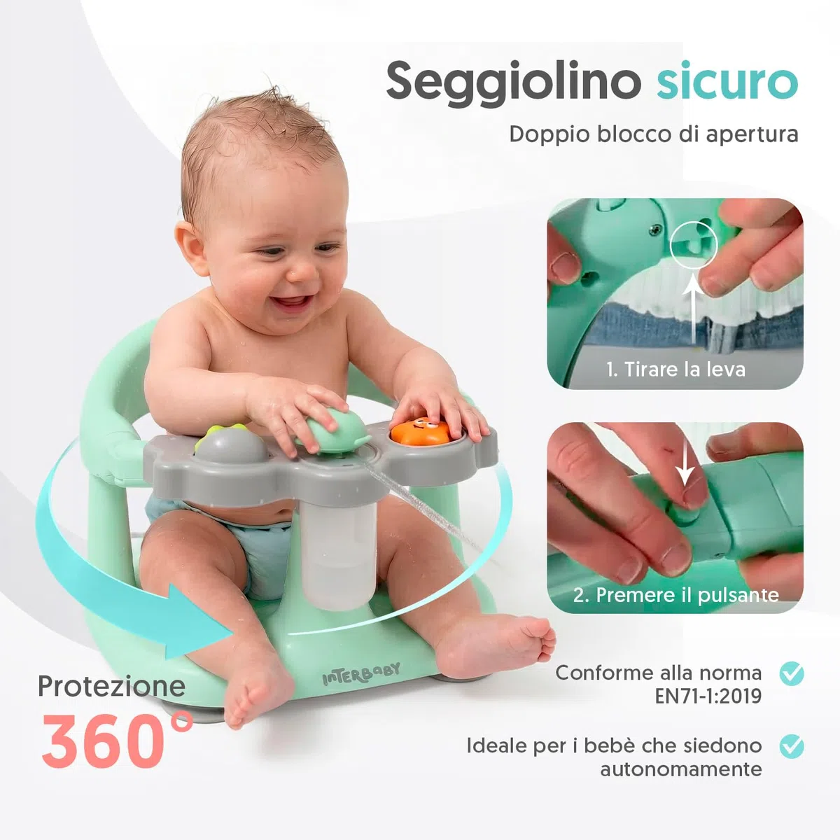 Interbaby Seggiolino da Bagno Bambino Antiscivolo con Ventose | Seggiolino Vasca e Doccia Sicuro ed Ergonomico | Sedia Bagnetto Neonato 6-24 Mesi | Seggiolino Bagno Stabile e Confortevole (Verde)