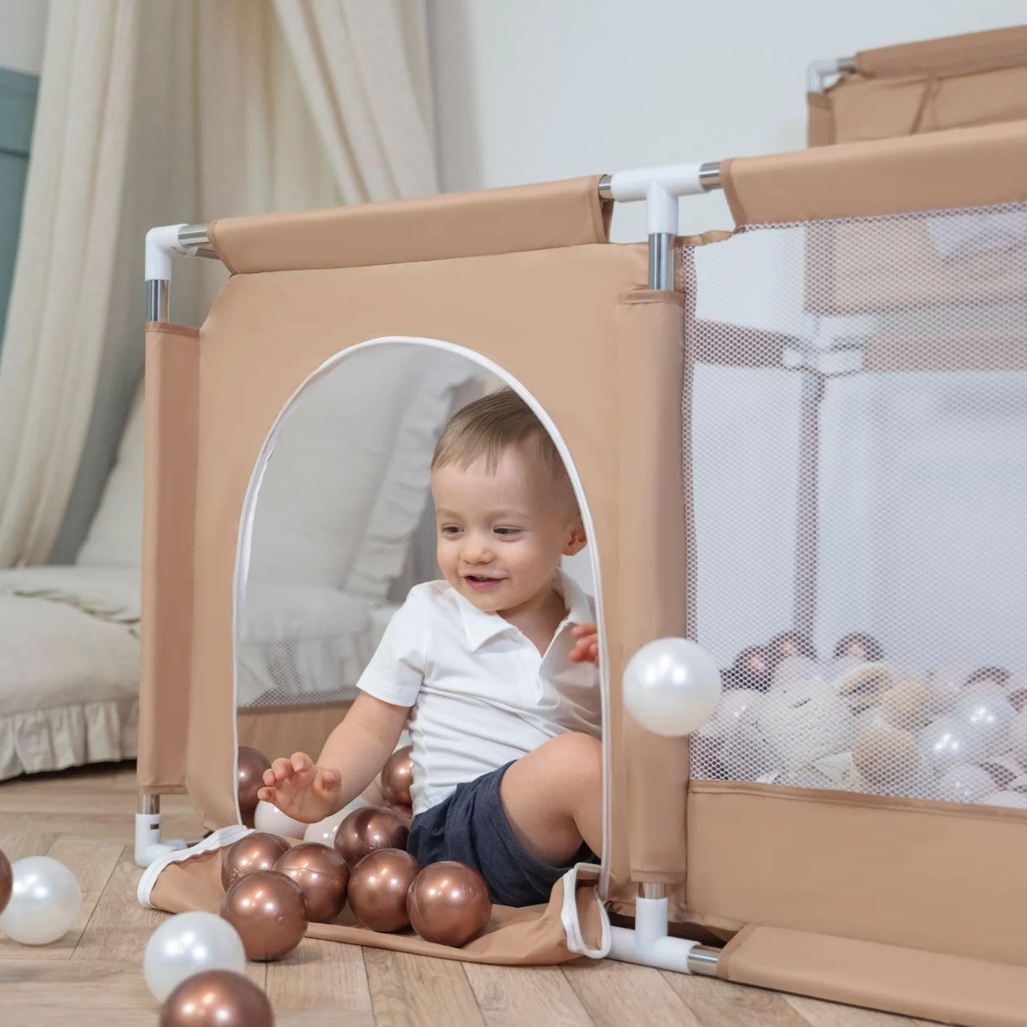Selonis Recinto Per Bambini Con 200 Palline Colorate 6 Cm, Beige: Turchese Scuro/Beige Pastello/Perla