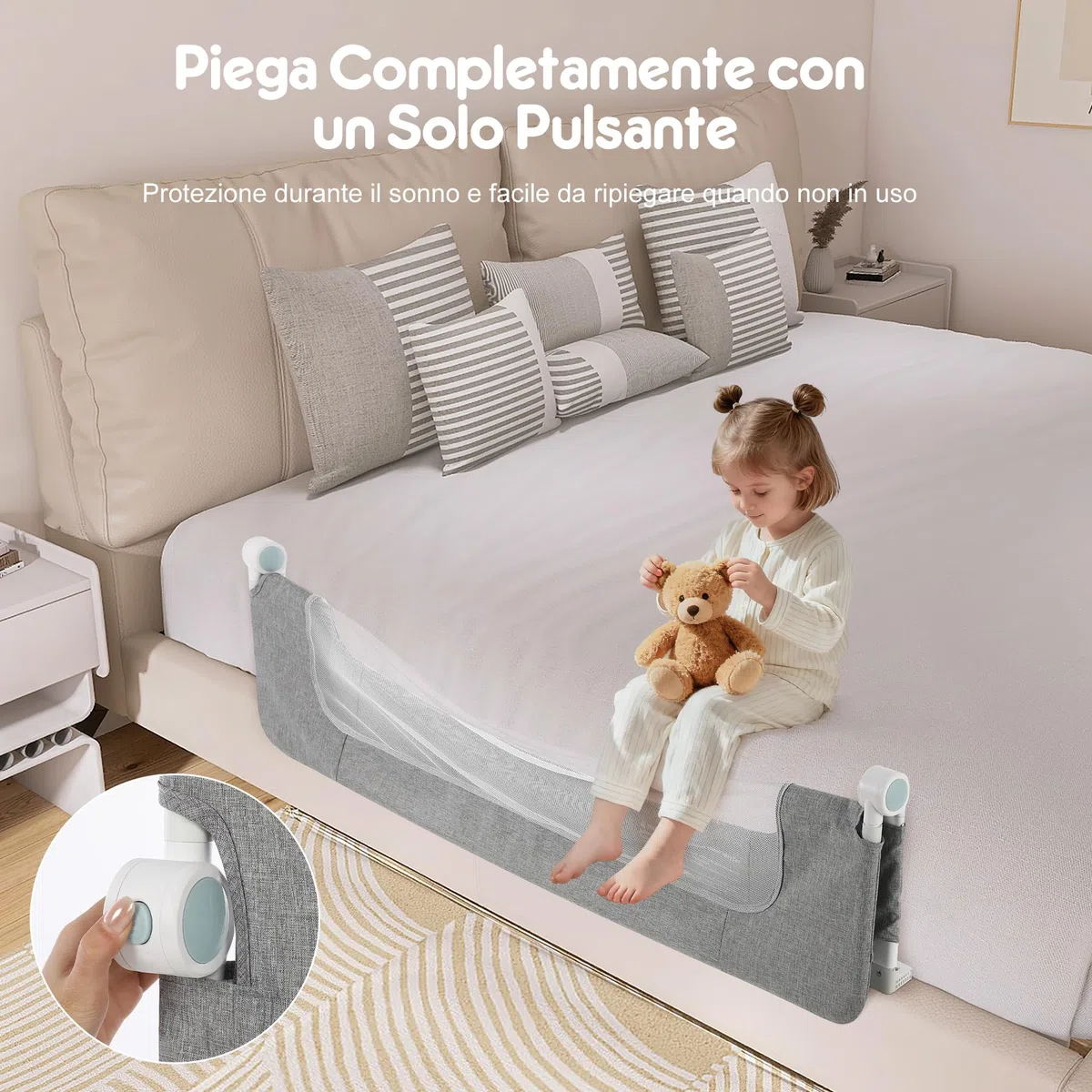 Sponda Letto Bambini 120 cm senza Forare Sponda di Sicurezza Pieghevole per Letto con Struttura Rinforzata e Design Anti Urto per Letto Singolo Matrimoniale King Size Grigio