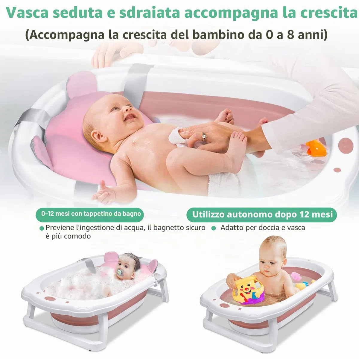 Froadp 82x50x20cm Vasca da Bagno Pieghevole per Bambini, Vaschette Bagnetto Neonato Antiscivolo con Suporto, Bacino Doccia di Sicurezza Portatile per Neonati e Bambino 0-8 anni (Rosa con Cuscino)