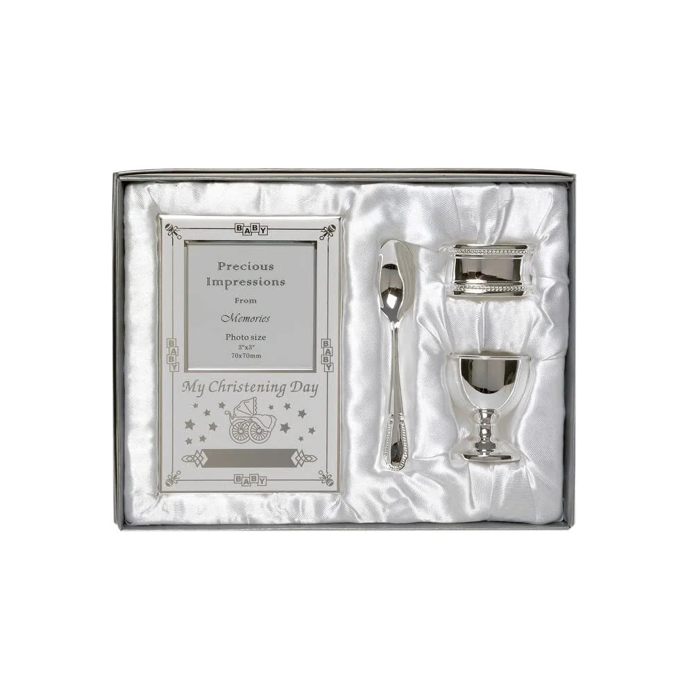 Bellissimo set regalo per battesimo placcato in argento, 4 pezzi, include portauovo, cucchiaio, cornice per foto del bambino, portatovaglioli in confezione regalo