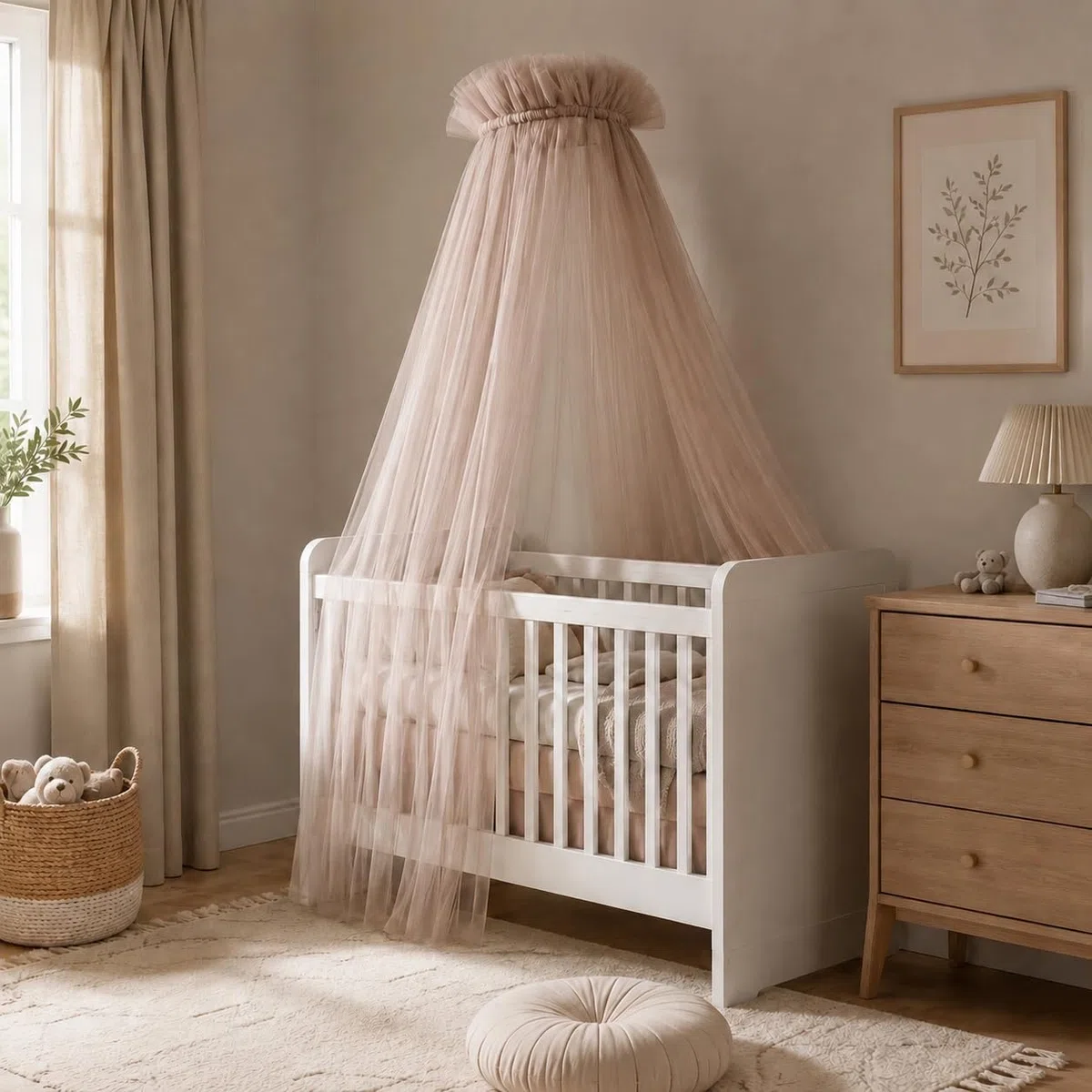 Baldacchino in tulle , culla principessa , zanzariera , decorazione cameretta bambini , 165 cm, pompon, tortora