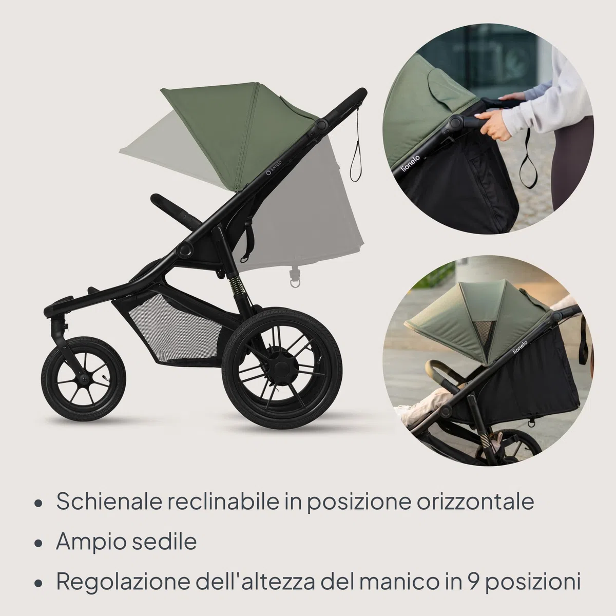 LIONELO AZURA Passeggino compatto da 6 mesi a 22 kg Passeggino a Tre Ruote, Schienale Regolabile Completamente Reclinabile Grandi Ruote Gonfiabili Sospensione Completa Cappottina XXL