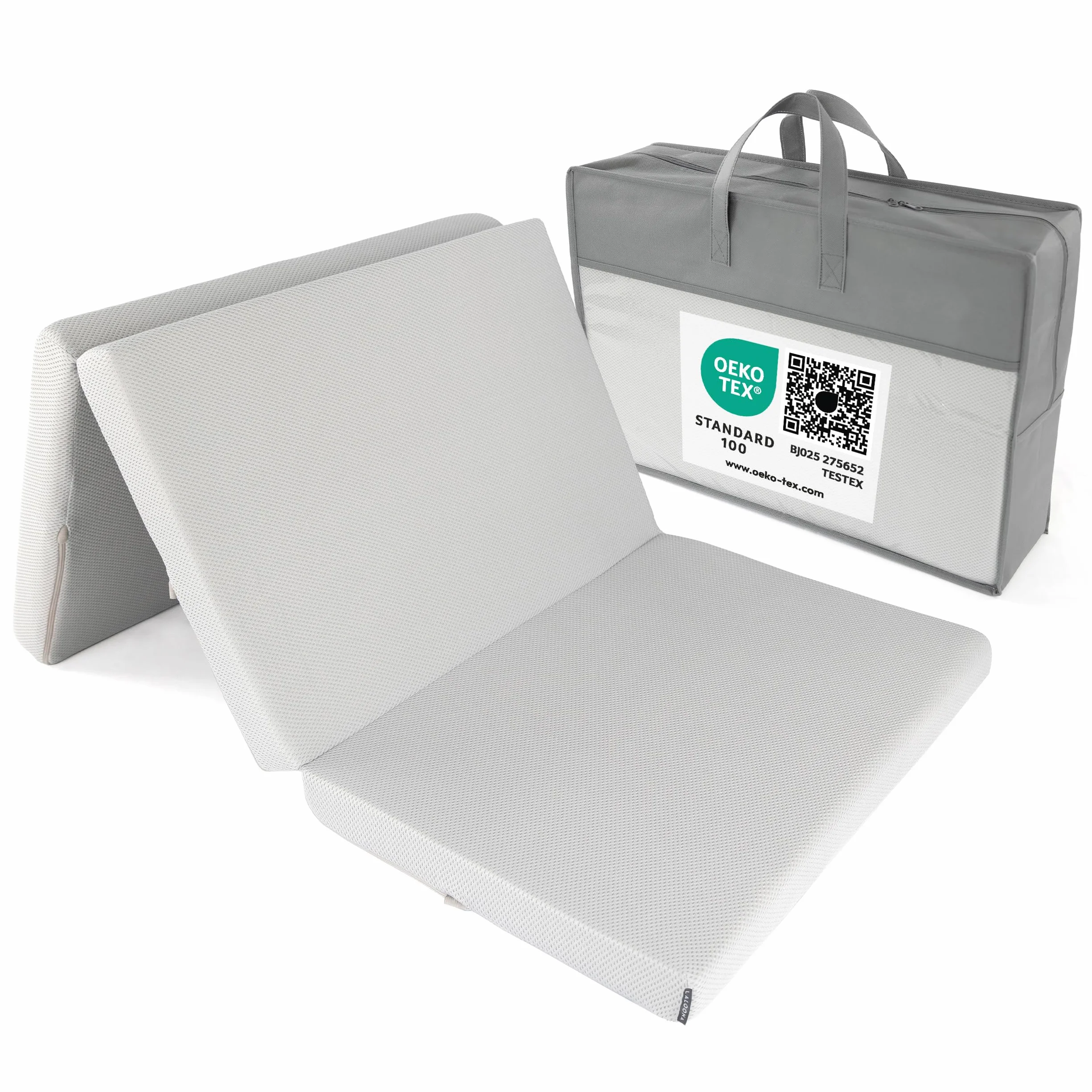 LaLoona Materassino da Viaggio 60x120 cm - Materasso Pieghevole Neonato 5 cm Spessore – con Fodera Sfoderabile - Borsa Trasporto - Traspirante - Lavabile - Certificato OEKO-TEX - Grigio