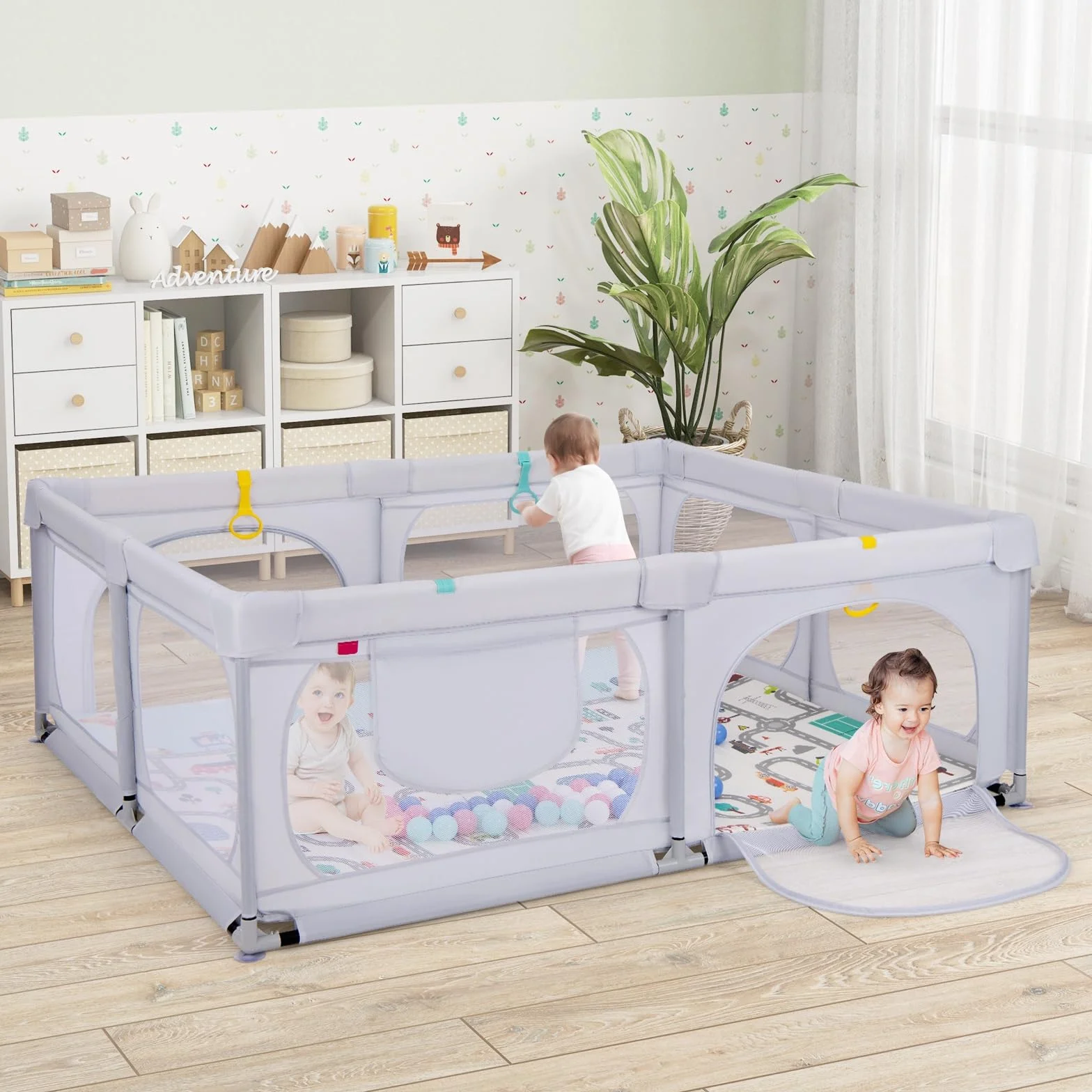 LIFEZEAL Recinto Bambini con Tappeto Gioco, 189x158cm, Box Neonato con Materassino, Box Bimbo 0~36 Mesi con Borsa, Anelli e Palline Colorate, Recinto Neonati in Rete Traspirante (grigio chiaro)