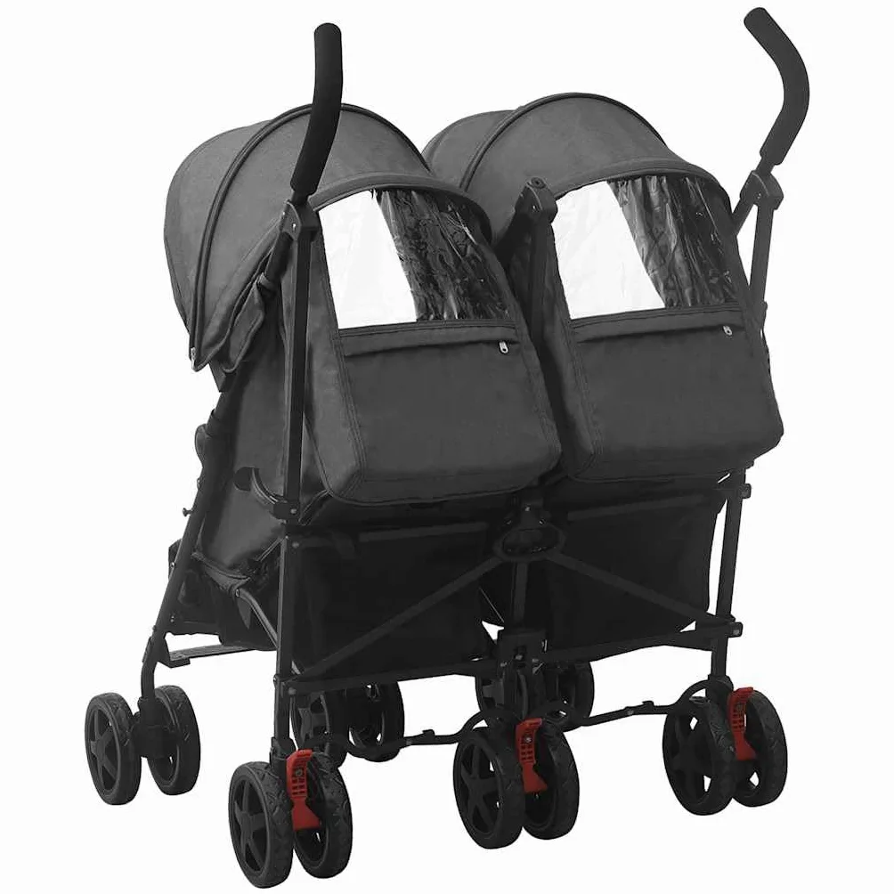 Passeggino Tandem Gemellare vitaXL Nero in Acciaio