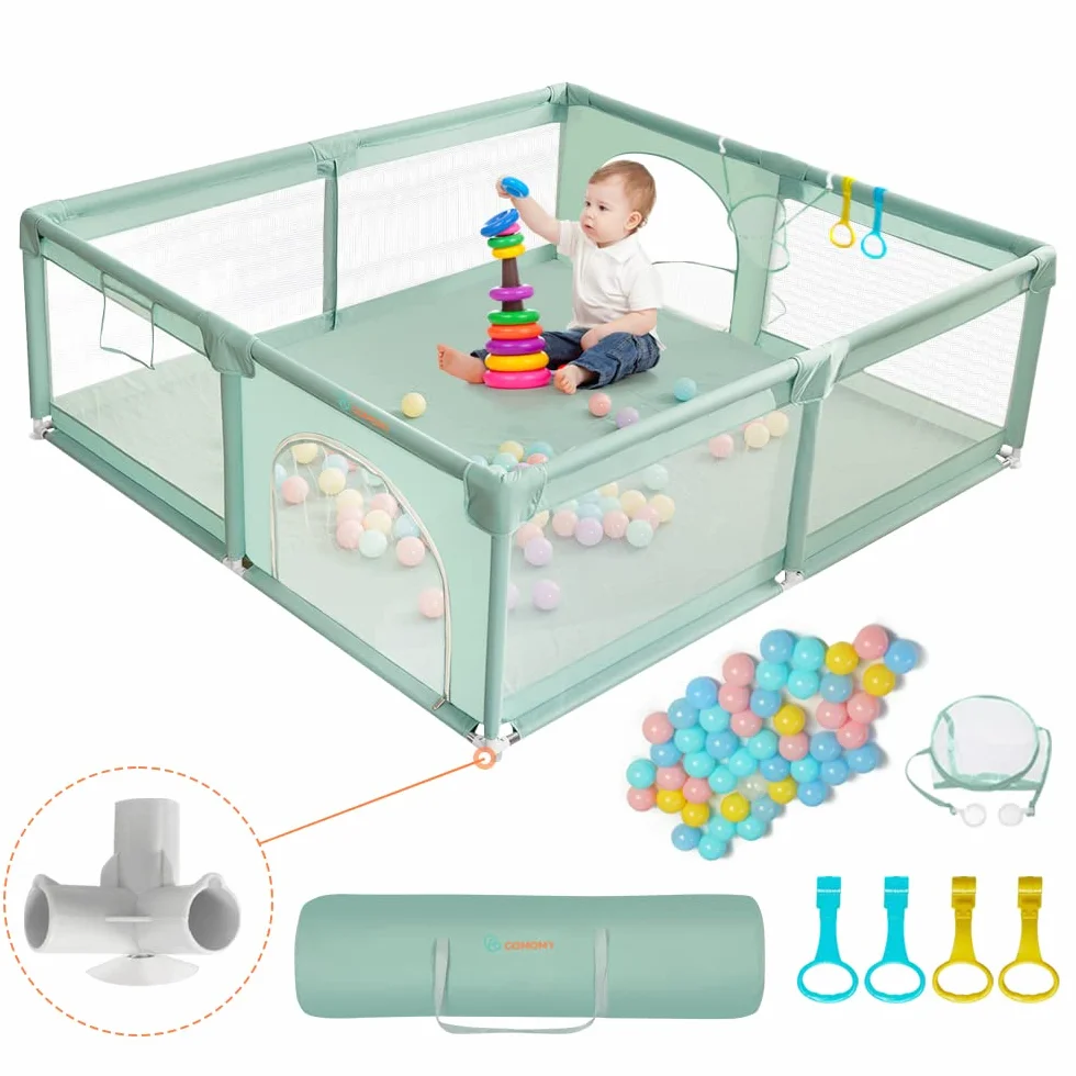 COMOMY Recinto Bambini Extra Large 180x200x66 cm con Palline, Mini Rattan e Anelli di Tiro, Rete Traspirante Verde