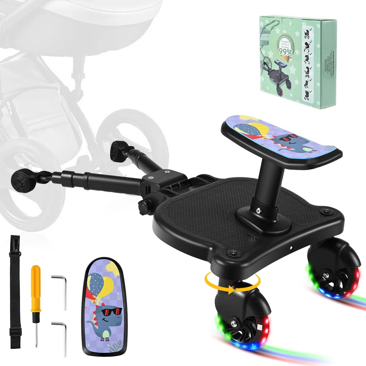 Pedana Universale per Passeggino, Pedana per Bambini con Ruote Lampeggianti, Pedana per Passeggino con Seduta Fantasia, Compatibile con Oltre Il 99% dei Passeggini, Carico 25 kg