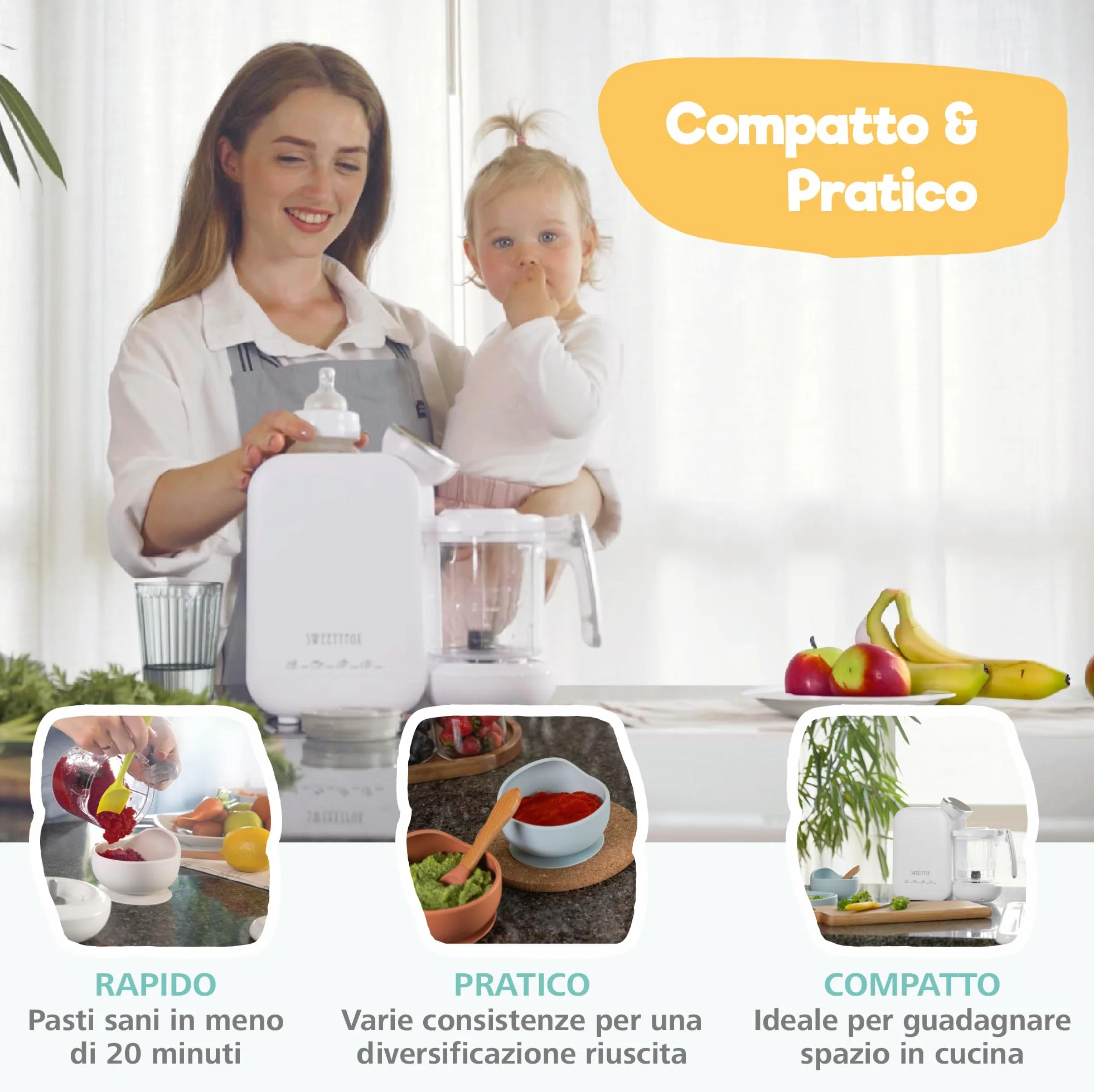 Sweety Fox Cuocipappa per Bambini 7 Funzioni Vapore Mixer Impulso Omogeneizzatore Neonati
