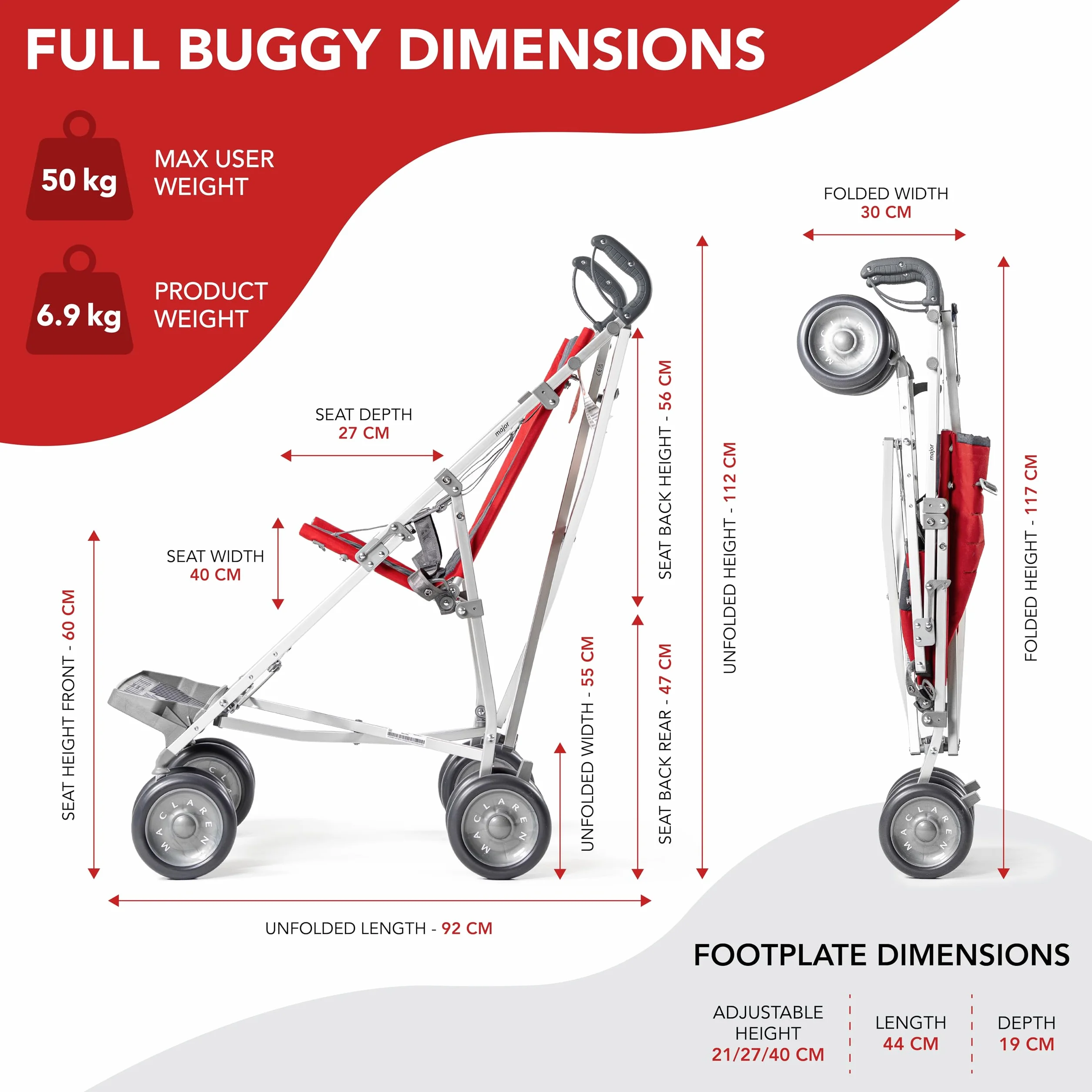 Passeggino per disabili Maclaren Major Elite fino a 50 kg Chiusura a ombrello Rosso Cardinale