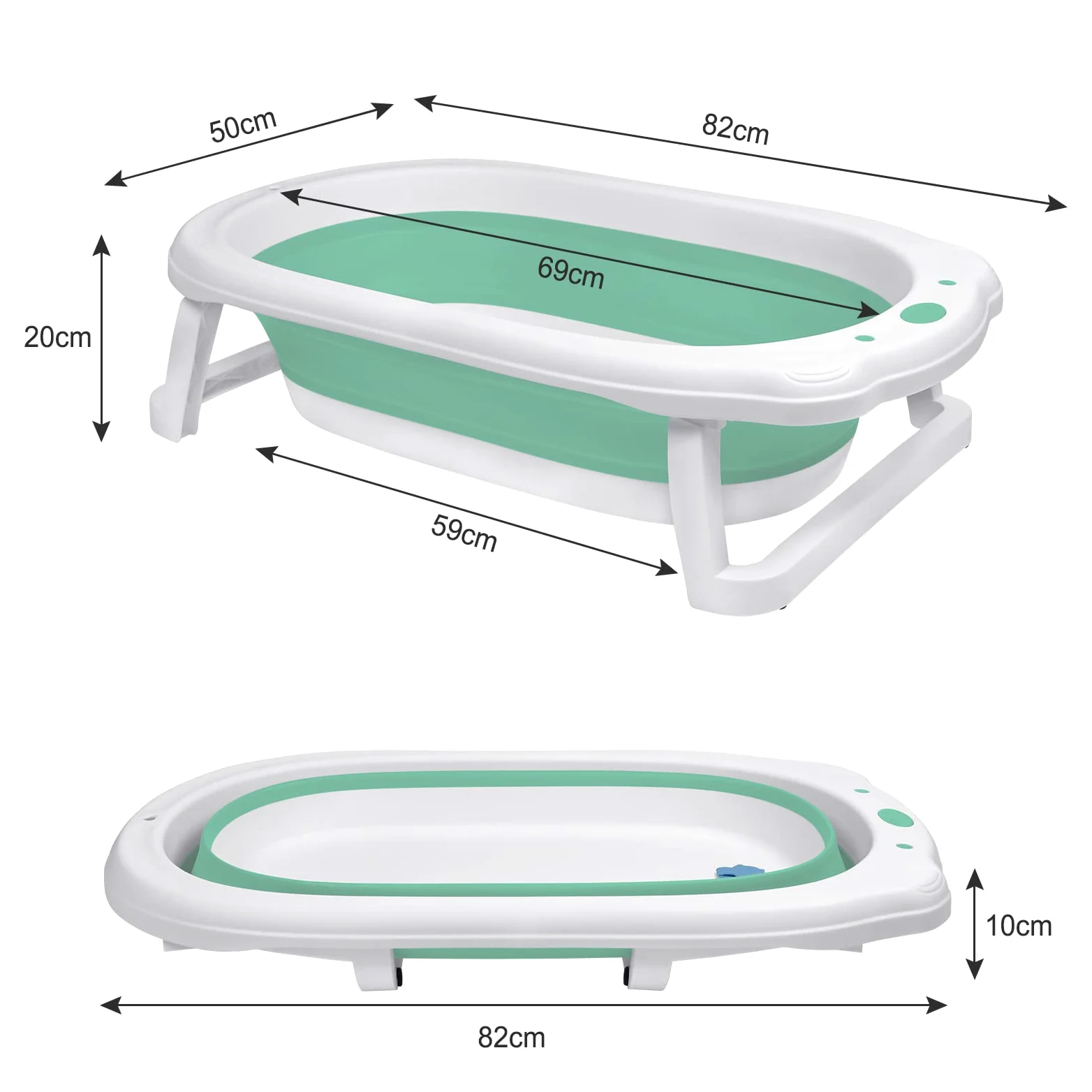 Froadp Vasca da bagno pieghevole 82 x 50 x 20 cm con fori di drenaggio e cuscino antiscivolo per neonati e bambini (verde, con cuscino da bagno)