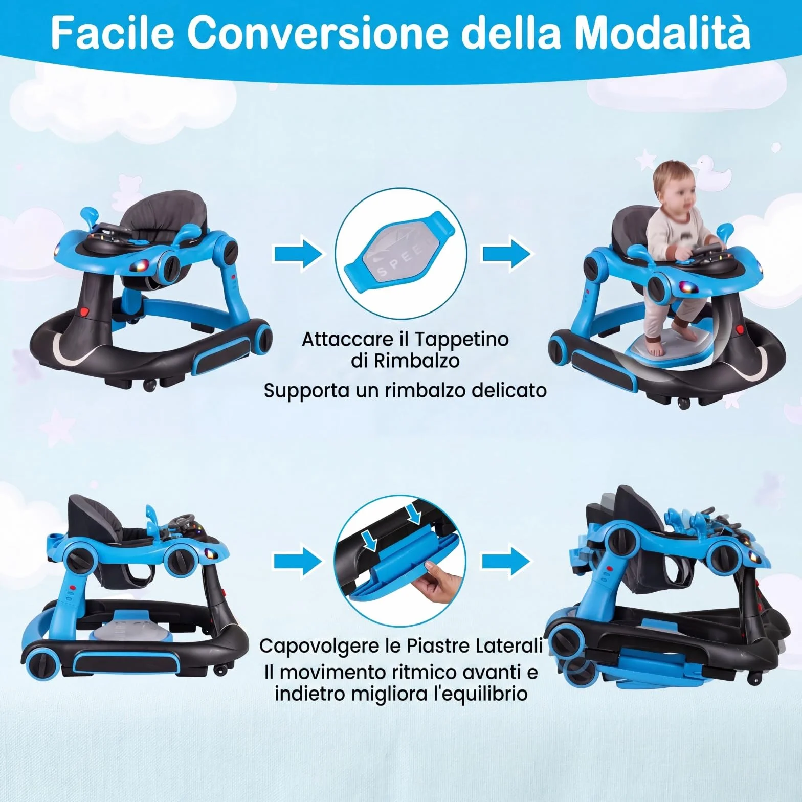 COSTWAY Girello per Bambini 6-in-1 Evolutivo, Centro Attività Pieghevole con Maniglia, Regolazione Altezza/Velocità, con Musica, Luci Tenda, per Neonati 6-18 Mesi (Nero+Blu)
