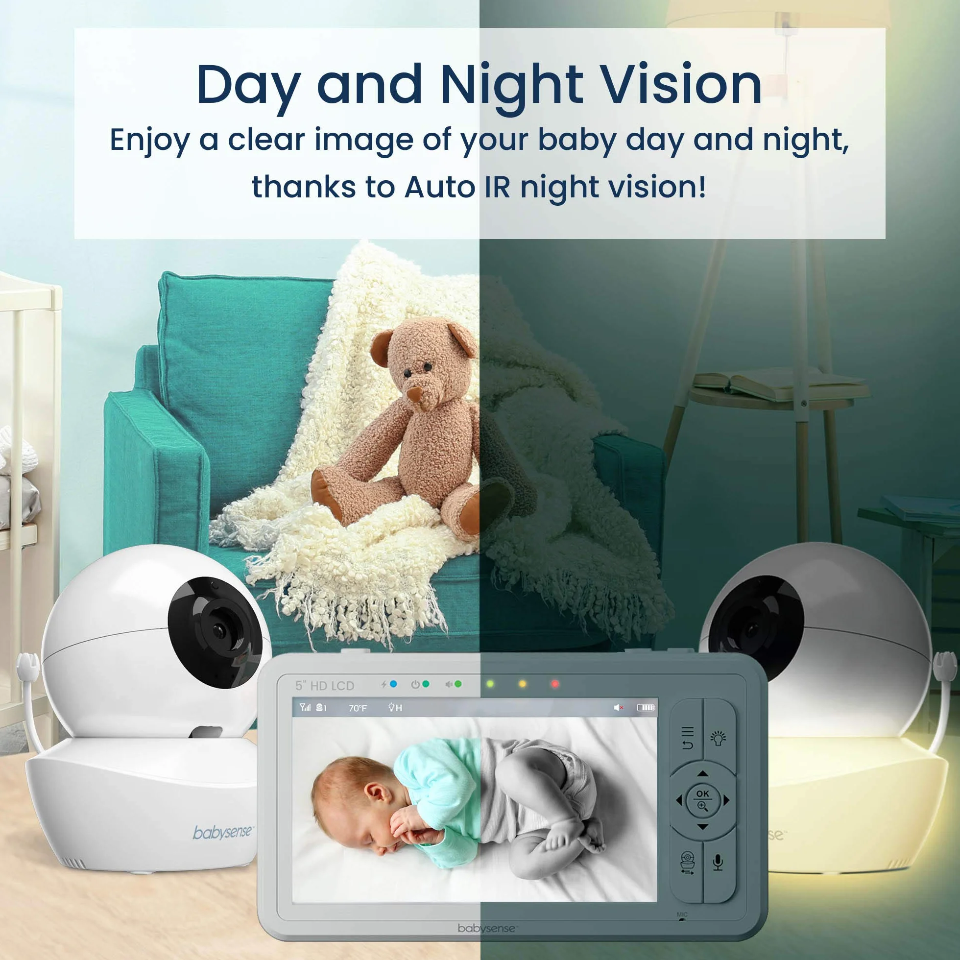Babysense HDS2 - Monitor video per bambini con fotocamera e audio, baby phone 5" HD 720p, senza WiFi, luce notturna regolabile, portata estesa, audio bidirezionale, zoom 4X, visione notturna, batteria