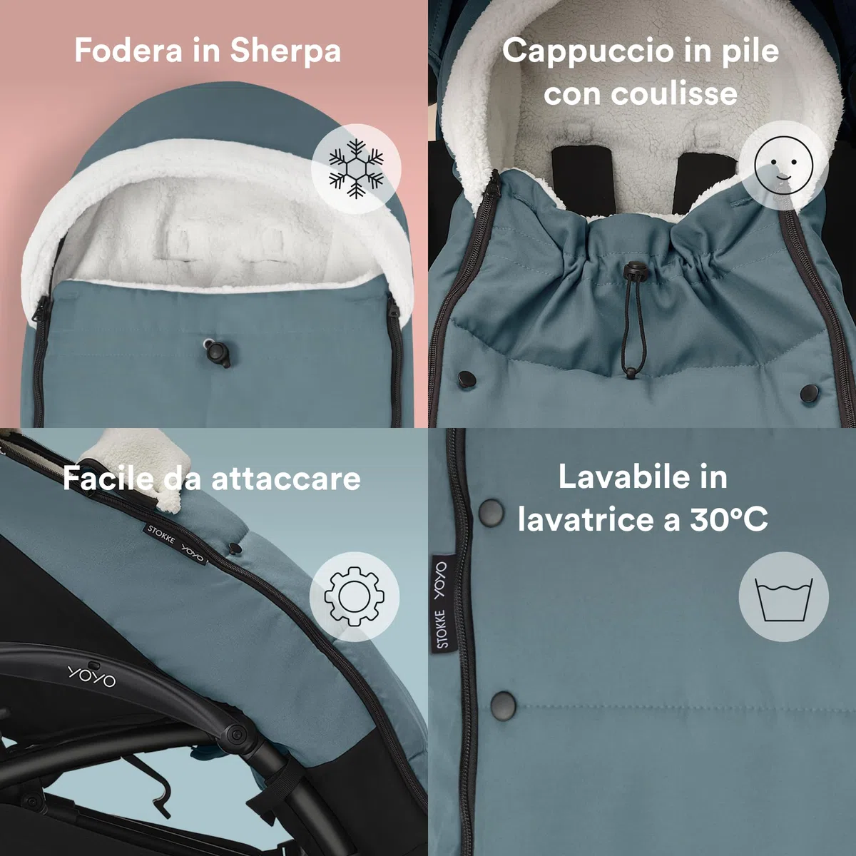 Coprigambe Stokke YOYO, Aqua - Fodera in Sherpa, Cappuccio in Pile con coulisse, Doppia Imbottitura - Lavabile in Lavatrice a 30°C - Include Borsa Piccola