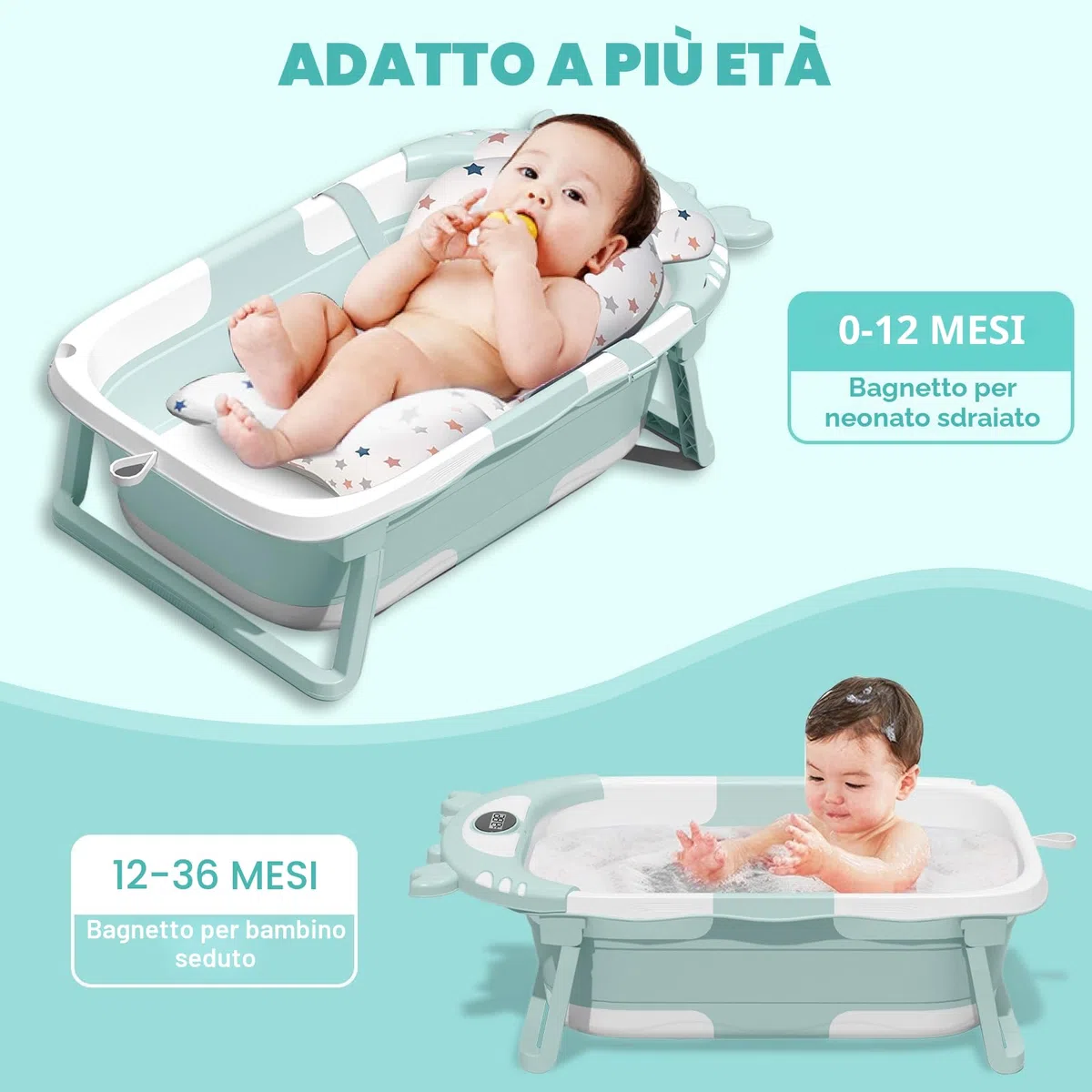 Vaschetta Bagnetto Neonato Pieghevole, Vaschetta Bagnetto Neonato con Termometro E Cuscino Staccabile, Riduttore Vaschette Bagnetto 0-36 Mesi (Verde)