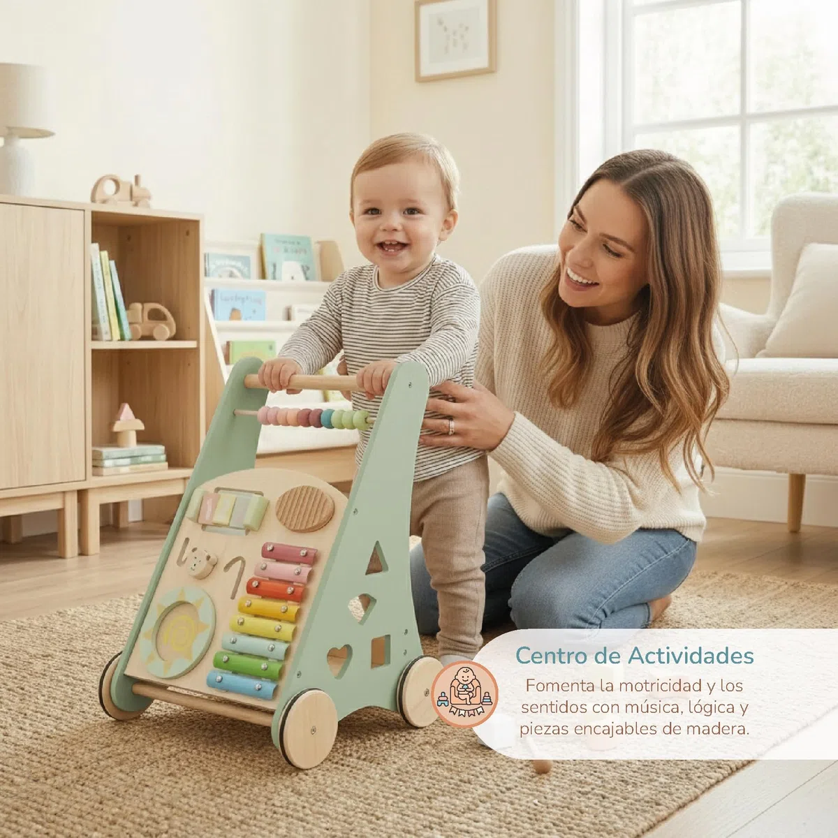 BUDDY BABY Montessori - Walker Baby in legno - Passeggino per primi passi con giocattoli e attività - Passeggino per bambino +12 mesi (Lapponia/Verde)