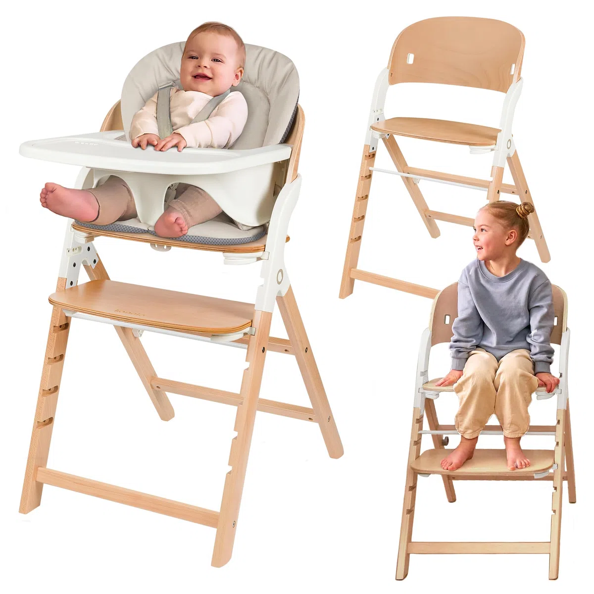 LIONELO Seggiolone Pappa in Legno Megan, Cresce con il Bambino da 6 Mesi a 110 kg, Poggiapiedi regolabile, Cinture di sicurezza a 5 punti, Cuscino per Seduta, Pulizia facile (Legno Bianco)