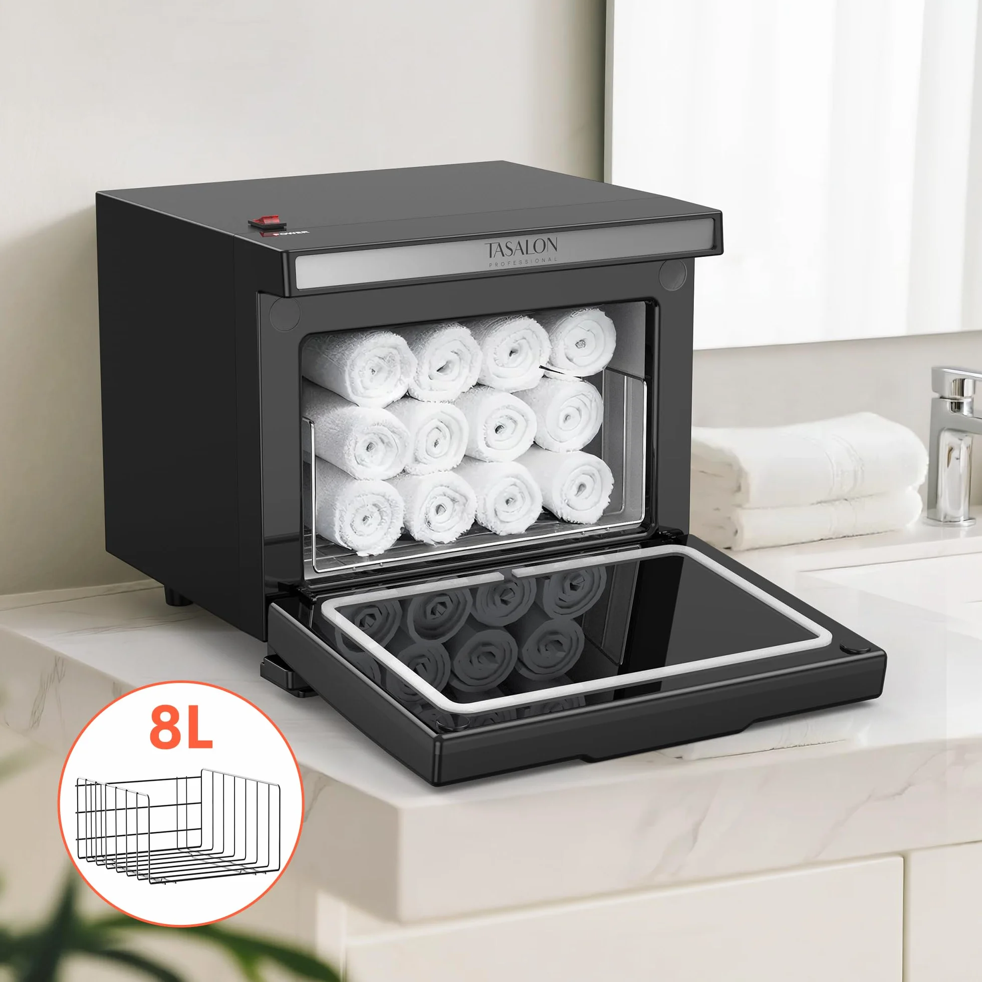 TASALON Scatola scaldasalviette da 8 litri, camera interna in alluminio, vassoio rimovibile, riscaldamento rapido per salone di bellezza e massaggio, nero