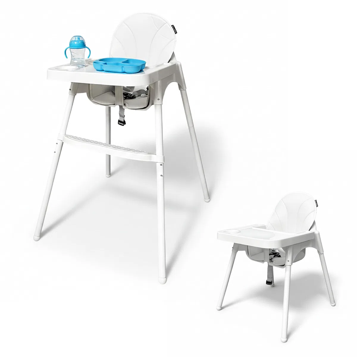 Seggiolone Pappa Bambini 2 Altezze 90/66 cm, Vassoio Removibile Regolabile, Cintura Sicurezza 3 Punti, Rivestimento Imbottito, Piedini Antiscivolo, Massimo 25 kg (Bianco)