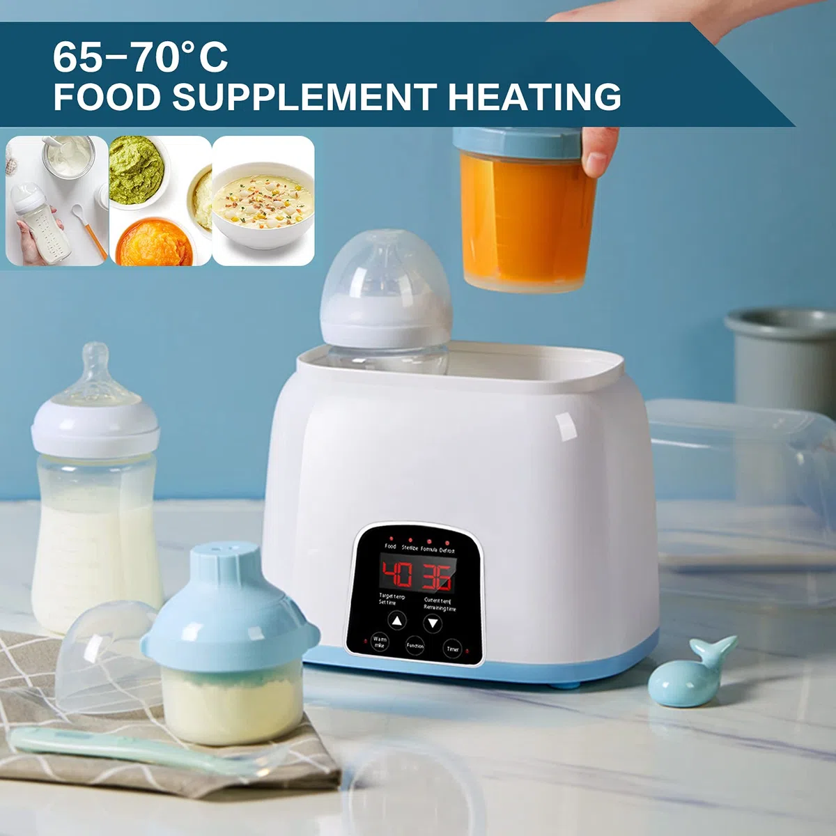 Scaldabiberon, Sterilizzatore per Biberon, Scaldabiberon, Scaldabiberon doppio per latte materno, con display LCD, timer e 5 accessori (Blu)