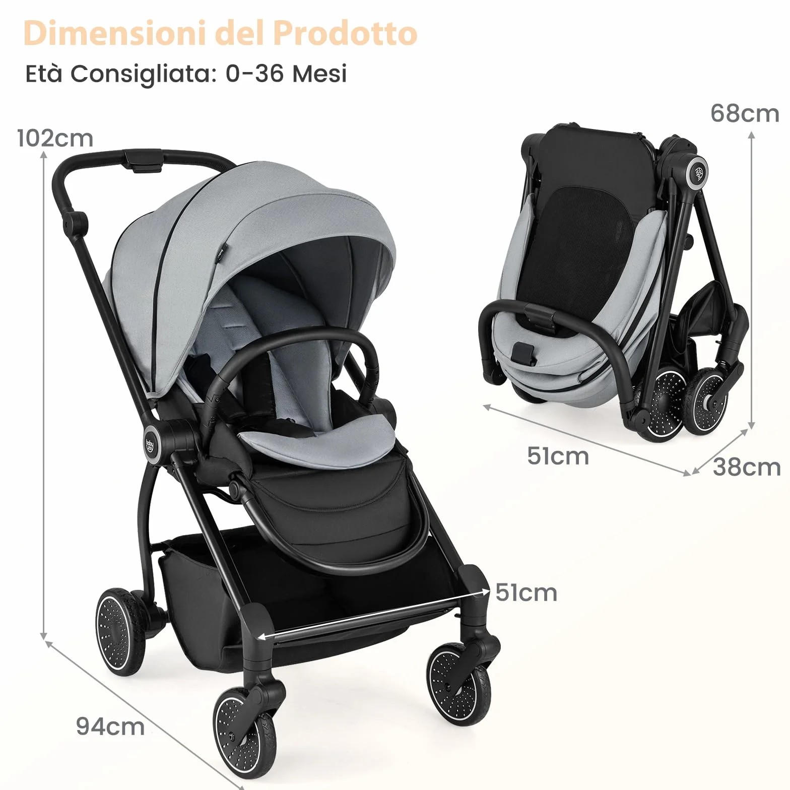 COSTWAY Passeggino per Bambini Reversibile Pieghevole con Schienale Reclinabile, 0-36 Mesi, 15 kg Grigio