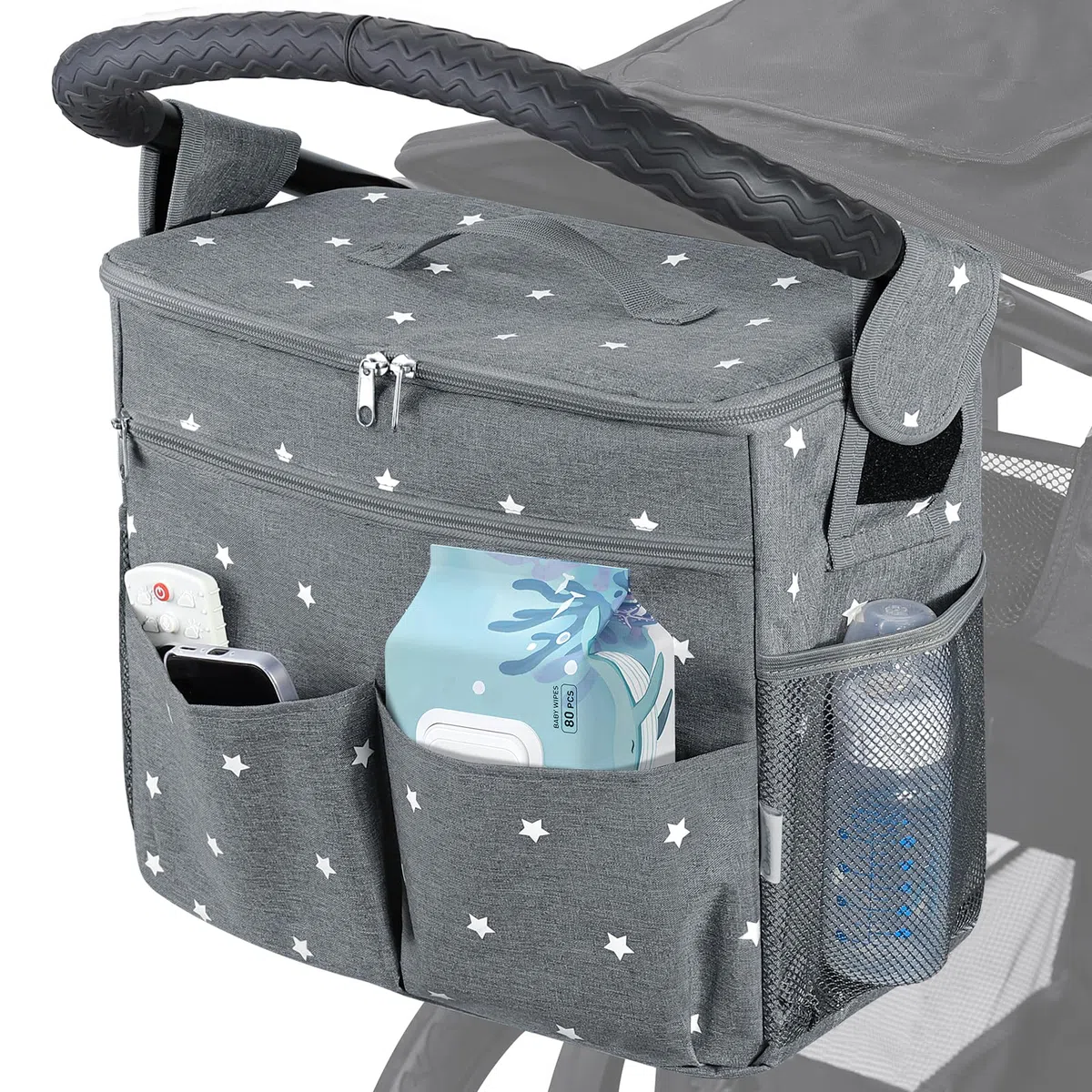 Orzbow Grande Borsa Passeggino,Impermeabile Borsa Neonato Passeggino con Porta Biberon,Multifunzionale Borsa Fasciatoio Passeggino con Divisorio Rimovibile,Fodera Isolata e Capacità di 22L (Grigio)