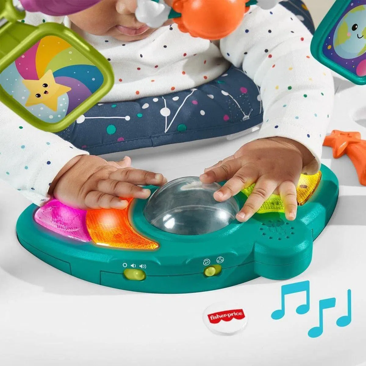Fisher-Price GPT46 Centro attività Salvaspazio Galaxy Tema Gatto Spaziale, Sedile Saltellante, Luci, Musica Giocattolo per Bambini 6+Mesi, Imballaggio Standard