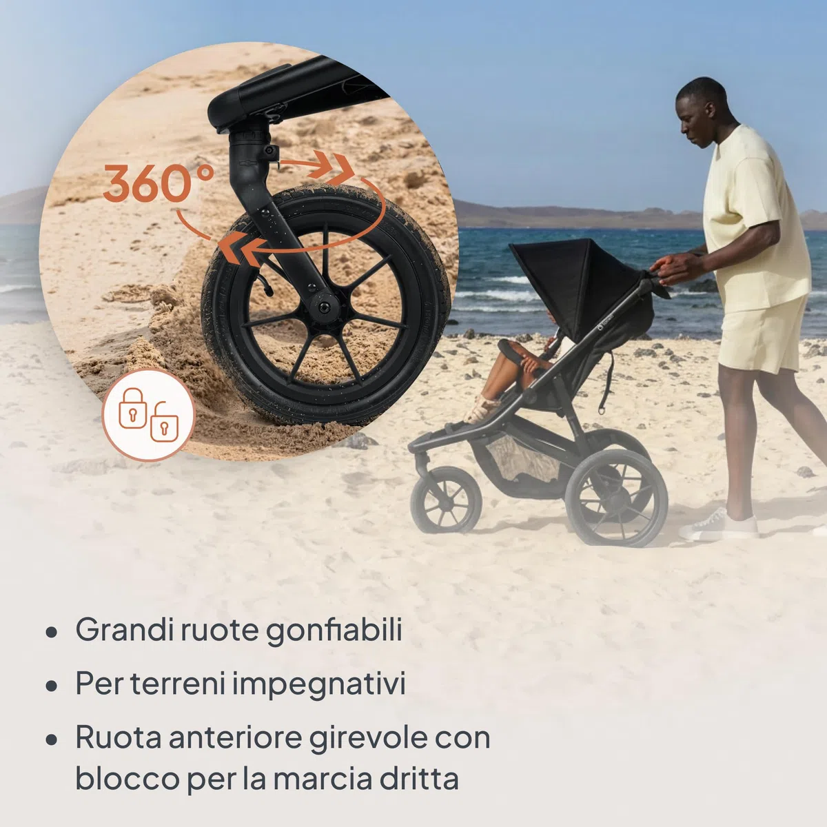 LIONELO AZURA Passeggino compatto da 6 mesi a 22 kg Passeggino a Tre Ruote, Schienale Regolabile Completamente Reclinabile Grandi Ruote Gonfiabili Sospensione Completa Cappottina XXL