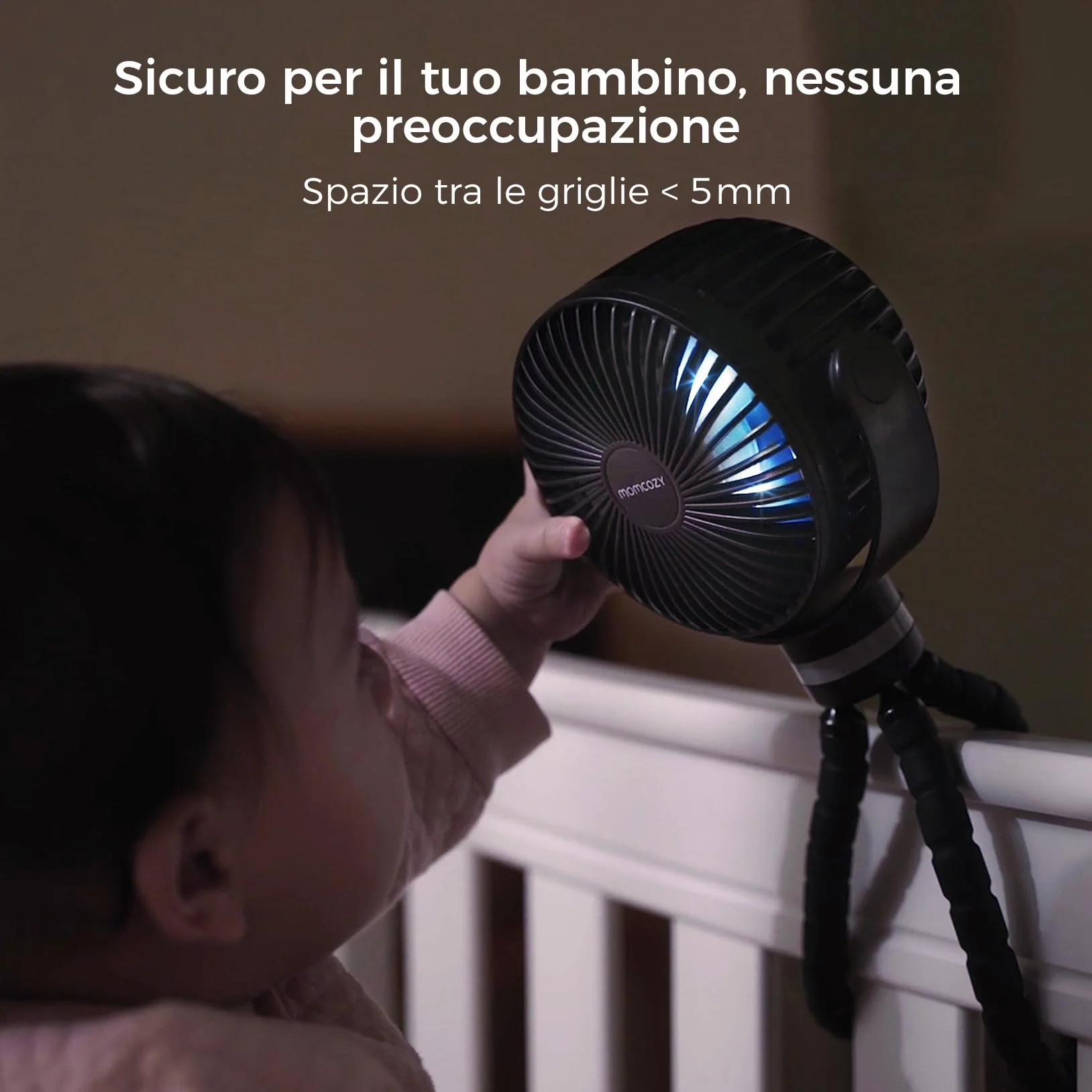 Momcozy 8000mAh Ventilatore Portatile per Passeggino, Batteria 27H, Rotazione 360°, 4 Velocità, Luce Notturna, Ricaricabile USB