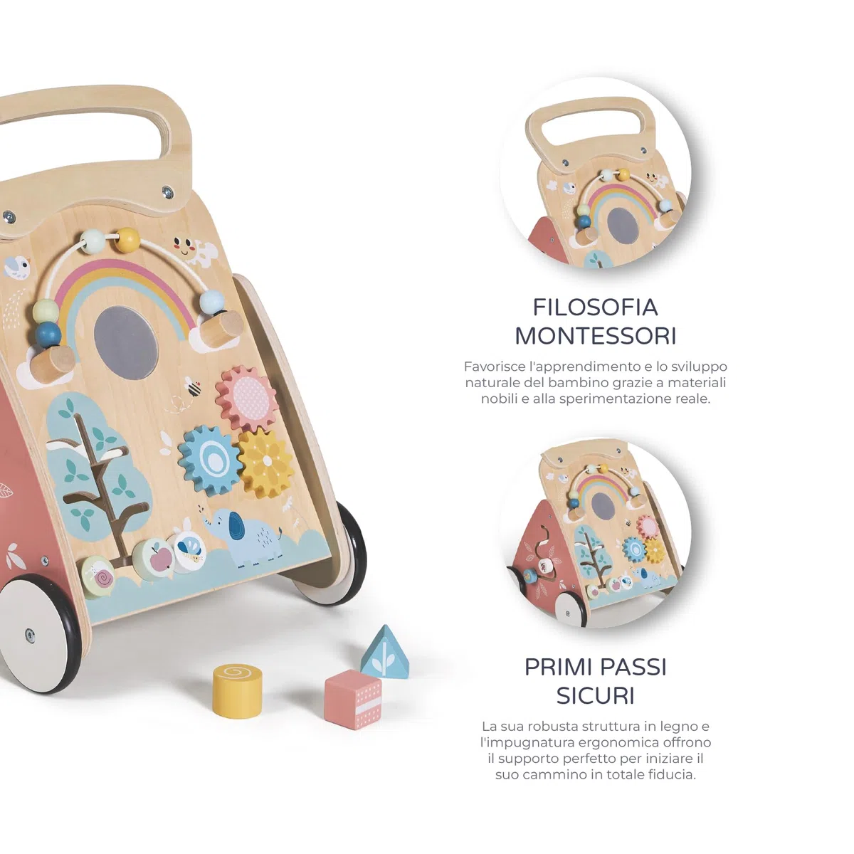 MS BabyWorld – Montessori MIMO – Primi Passi in Legno per Bambini | Carrello Primi Passi con Giochi e Attività | Per Imparare a Camminare | Da +12 Mesi