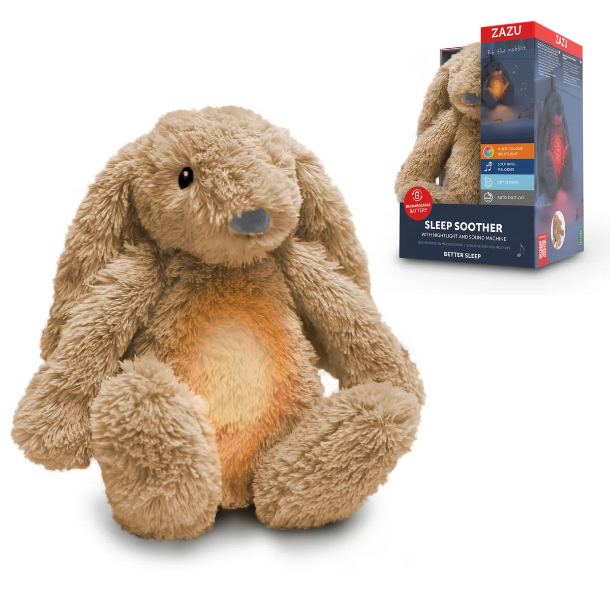 ZAZU - Ro del coniglietto Baby Sonno con batteria ricaricabile – Luce notturna in diversi colori e suoni rilassanti, sensore vino, spegnimento automatico e cavo di ricarica USB-C (beige)