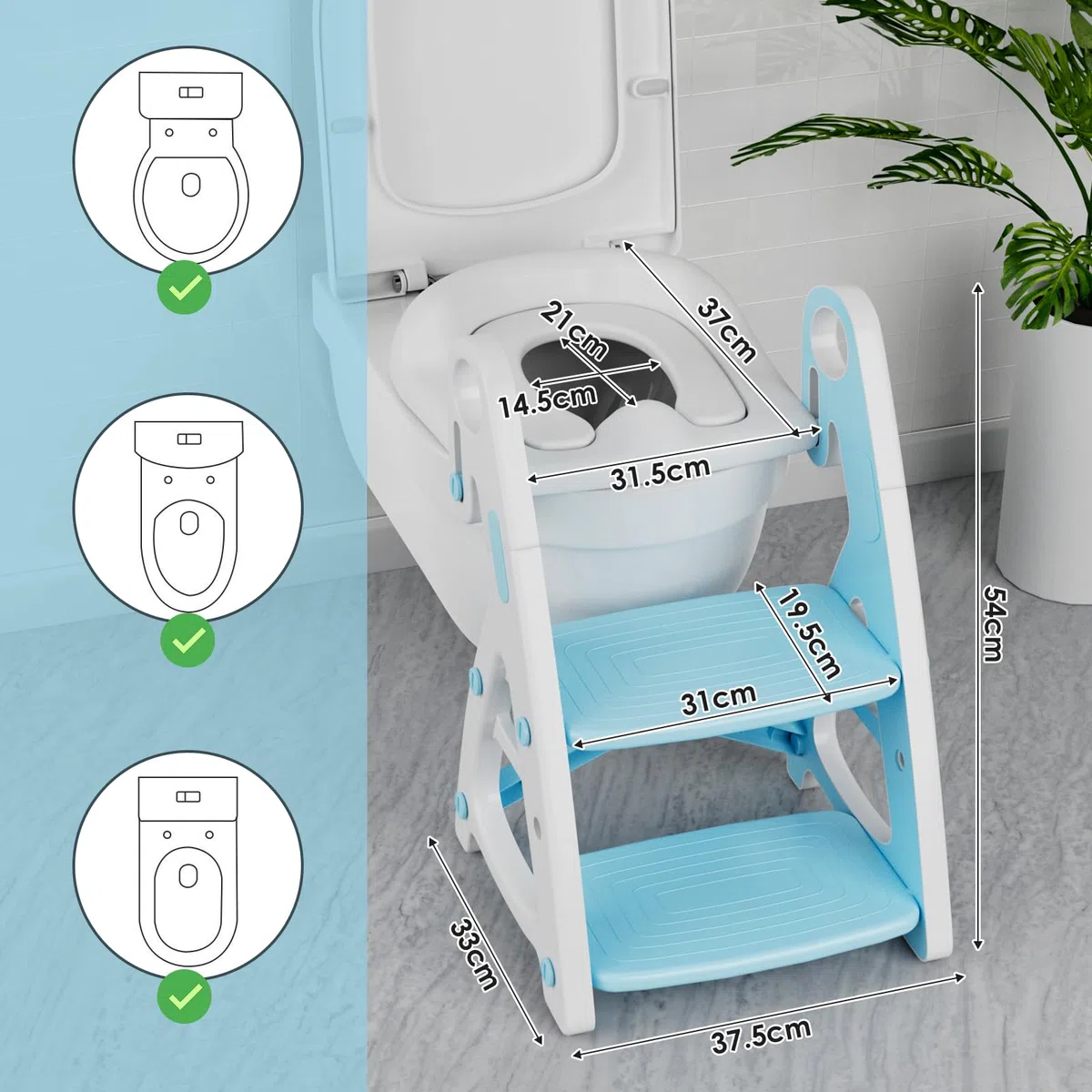 Riduttore wc per Bambini, Scaletta wc per Bambini, Sedile WC e Sgabello Bambini 2 in 1, Portatile Pieghevole, Adatto per Tazze a V, U Oppure O, Vasino con PU Morbida, Gradini Ingranditi (Blu)