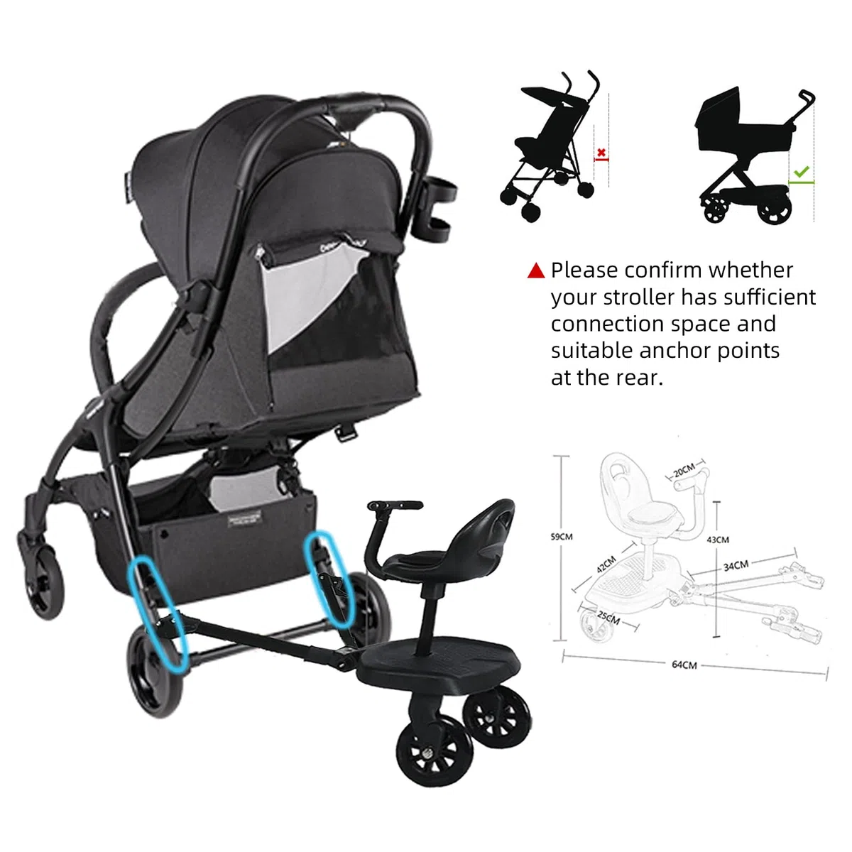 Pedana Passeggino Universale, Vihir Pedana per Passeggino con Sedile, Accessori per Passeggini per Secondo Bambini da 2 a 6 anni, Dotato di Schienale di Sicurezza, Bracciolo e Cuscino di Seduta