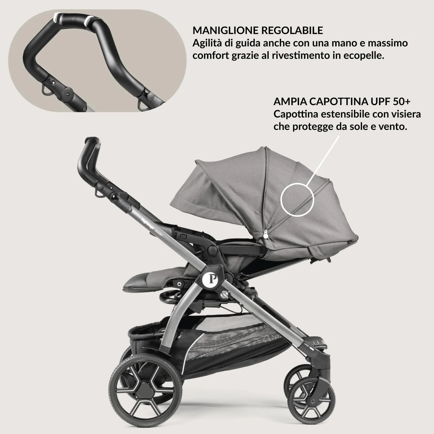 PEG Book Modular Passeggino Trio Neonati 0-4 Anni, Reversibile, Navicella, Seggiolino Auto i-Size, Mercury