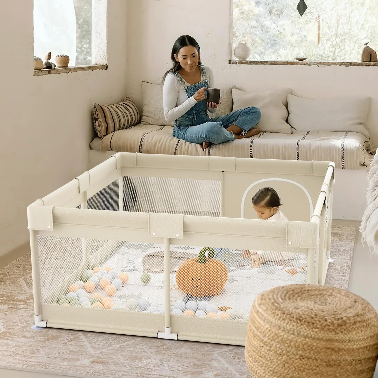 Fodoss box recinto morbido per bambini, neonato, 120x120cm, con Rete Traspirante Sui Quattro Lati e Ventose-beige
