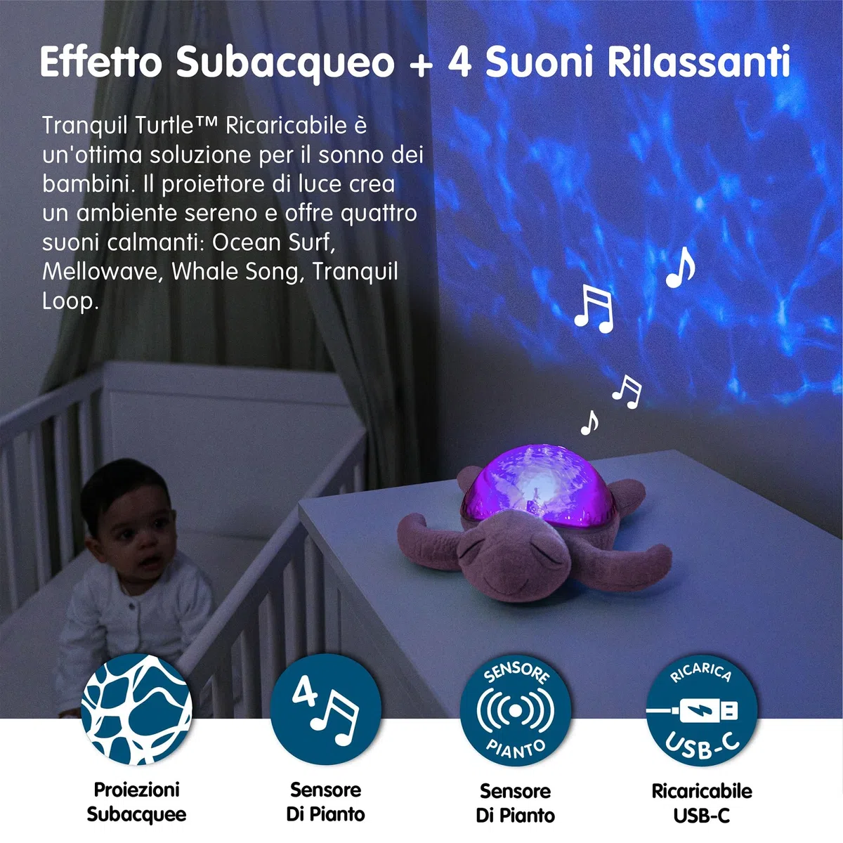 Cloud B Luce notturna musicale a forma di tartaruga rosa | 1 proiettore oceanico + 2 rumori bianchi + 2 suoni rassicuranti | Sensore di pianto | Tranquil Turtle Rosa ricaricabile