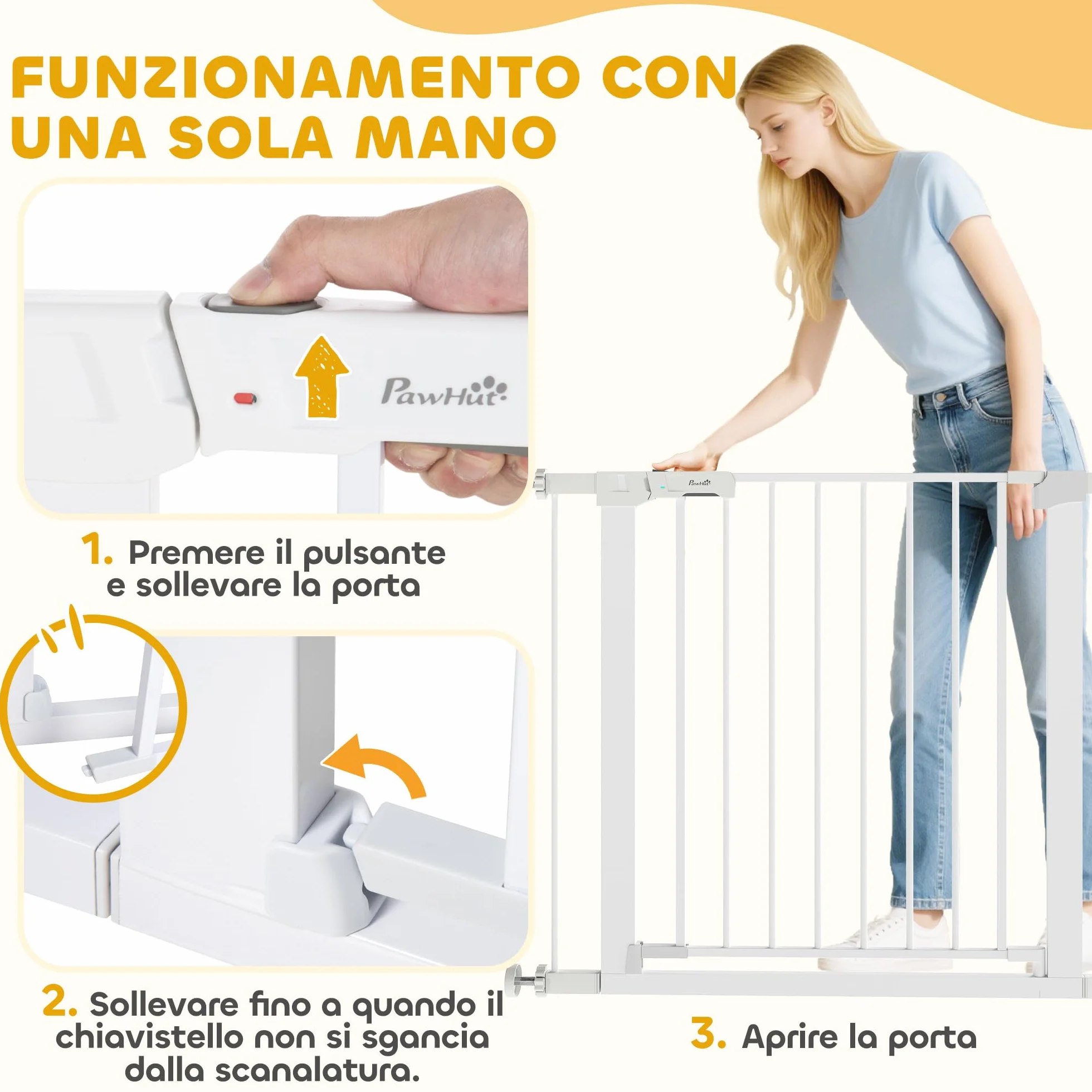 PawHut Cancelletto di Sicurezza per Cani con Fissaggio a Pressione, Cancellino per Cani Estensibile 76-97cm per Scale e Porte, Bianco