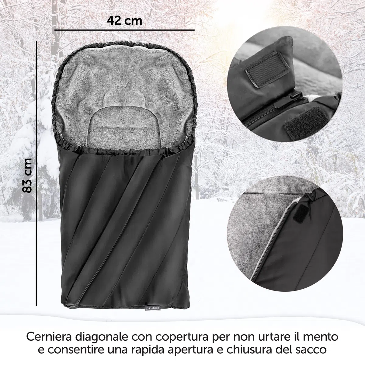 Zamboo Sacco Invernale Ovetto Universale/Sacco Nanna Ovetto Invernale in Thermo Pile, con Fessure per Cintura a 3 o 5 Punti, Con Borsa - Nero