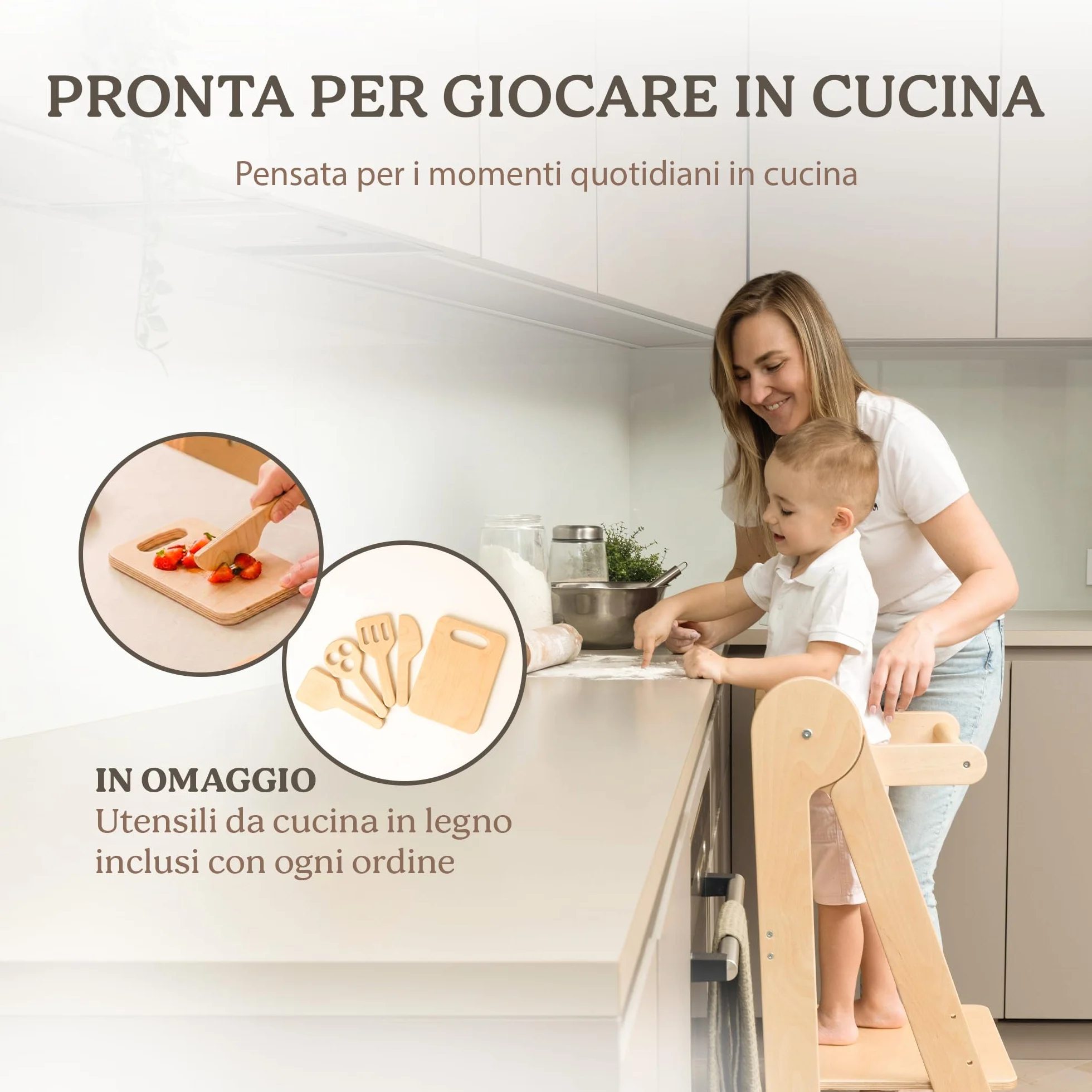 TOYBOX Torre Montessoriana Pieghevole, Learning Tower, Legno Naturale
