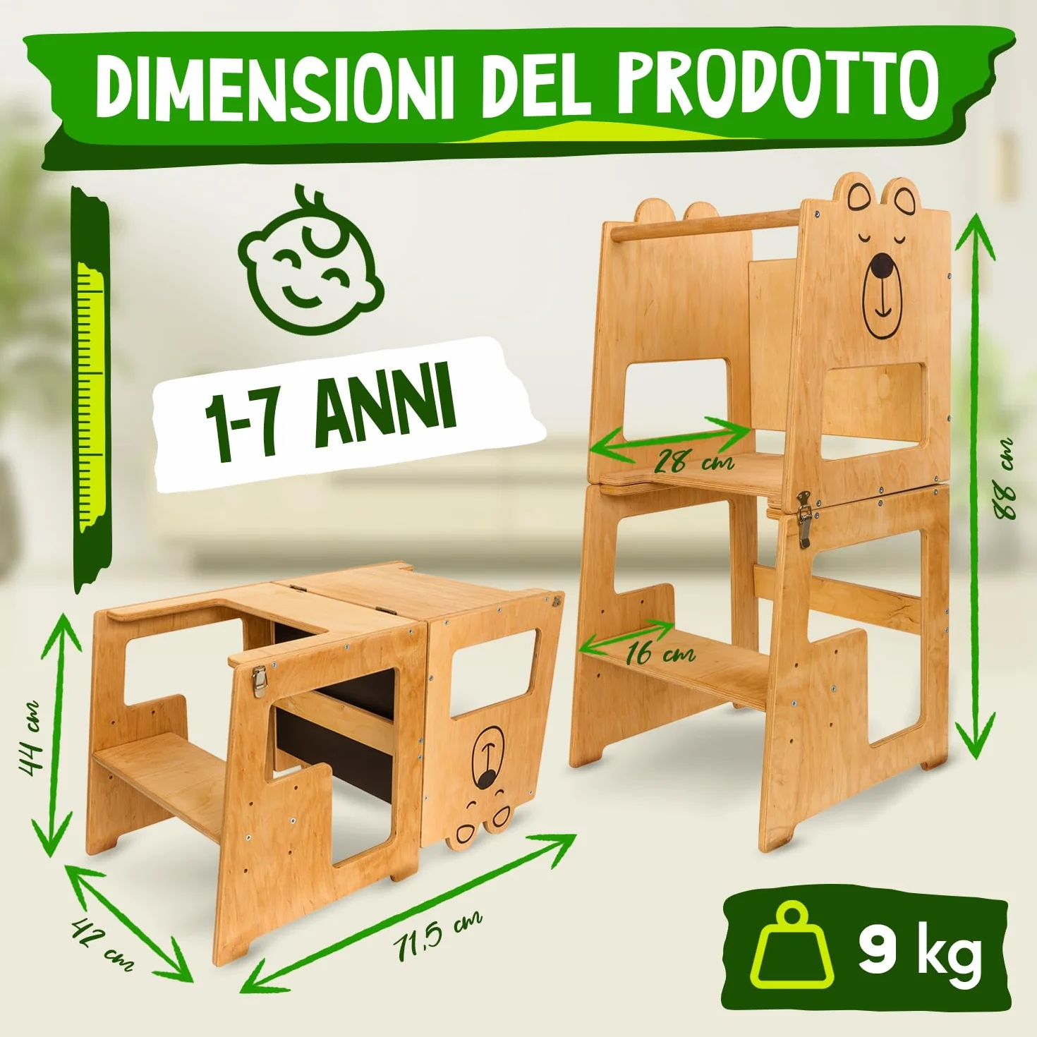Torre Montessoriana 3-in-1 in Legno Naturale per Bambini da 1 Anno con Lavagna, Tavolo e Sedia, Sgabello Cucina e Bagno