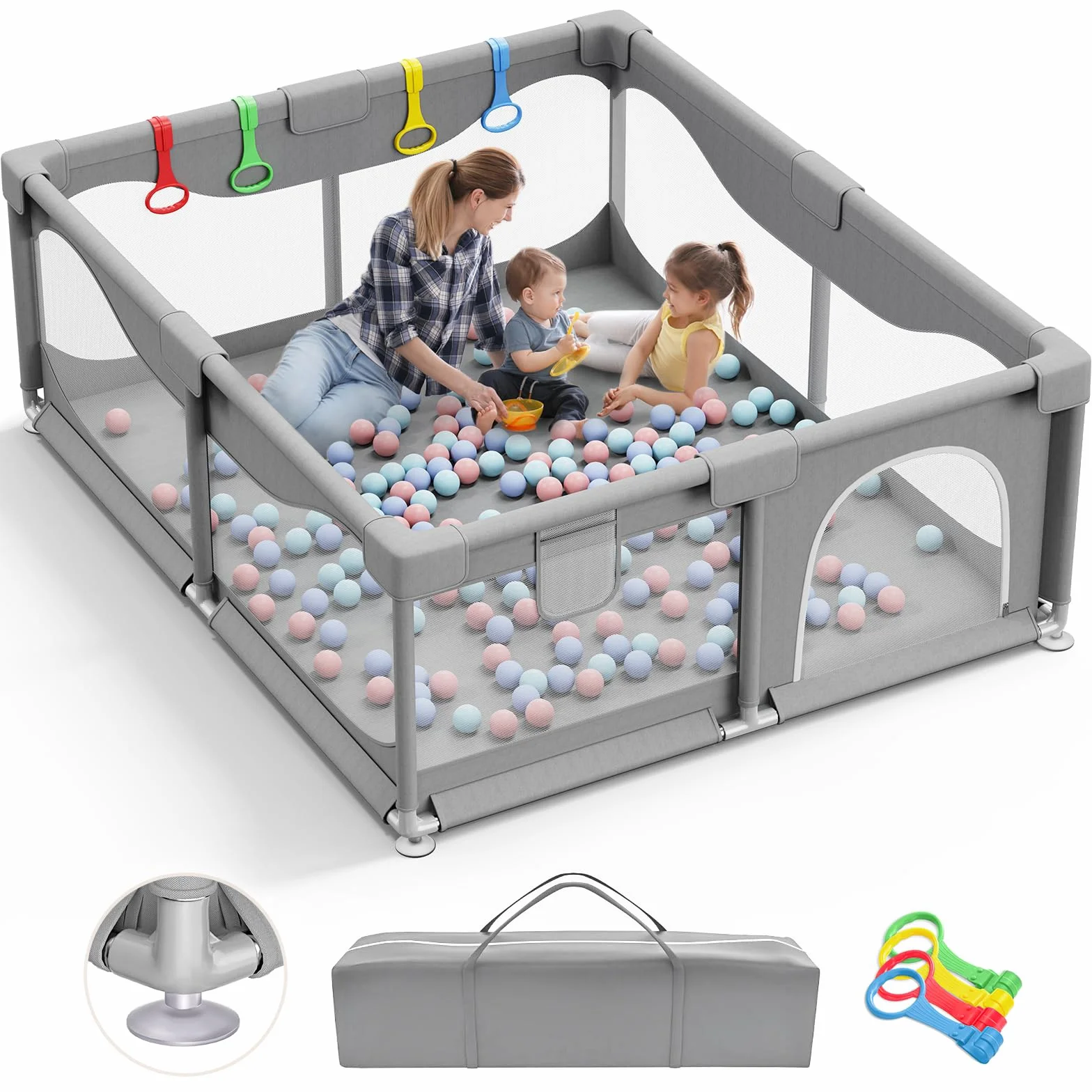 Box Bambini 200 x 180 x 68 cm, Recinto per Bambini Grande con Base a Ventosa, Tessuto Oxford 300D, Facile da Montare e da Pulire, Box Neonato - Senza Tappeto & Palline, Grigio