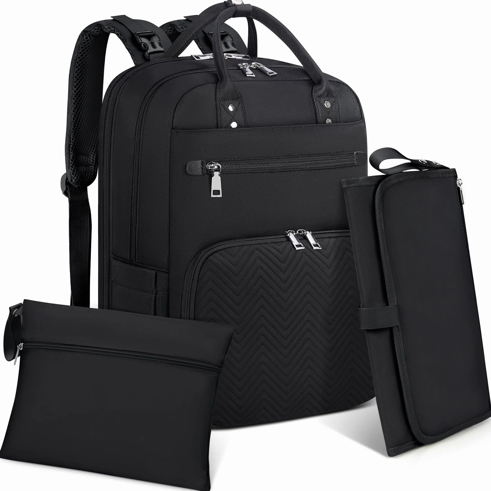 RAINSMORE Zaino Mamma Multifunzione Zaino Fasciatoio Grande Capacità Borsa Neonato con Fasciatoio Portatile Zaino Passeggino per Mamma e Papà Nero
