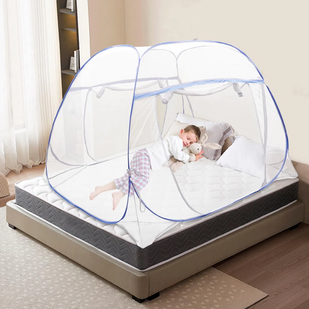 Zanzariera per letto pop-up a doppia porta, portatile, con bordo a doppia porta, tenda da campeggio, 198 x 180 x 160 cm, blu, per attività all'aperto, campeggio, viaggi, camera da letto