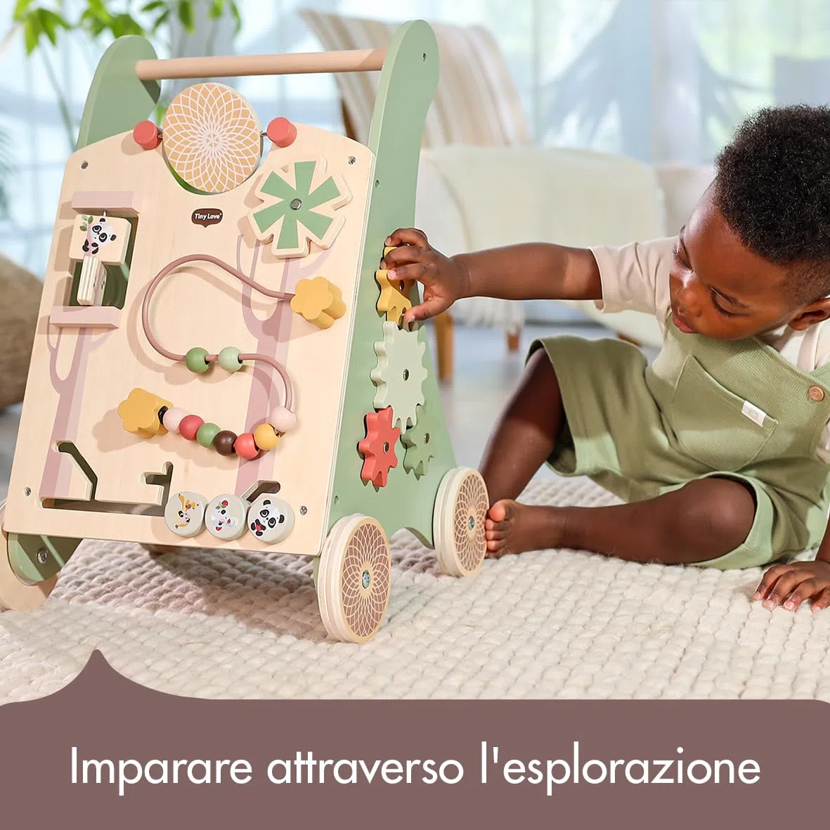 Tiny Love Walk Behind Carrello Primi Passi in Legno e Centro Attività Montessori, 12 Giochi Interattivi, Supporta Capacità Motorie e Sviluppo, Ruote Gommate Antiscivolo, 18+ Mesi, Boho Chic