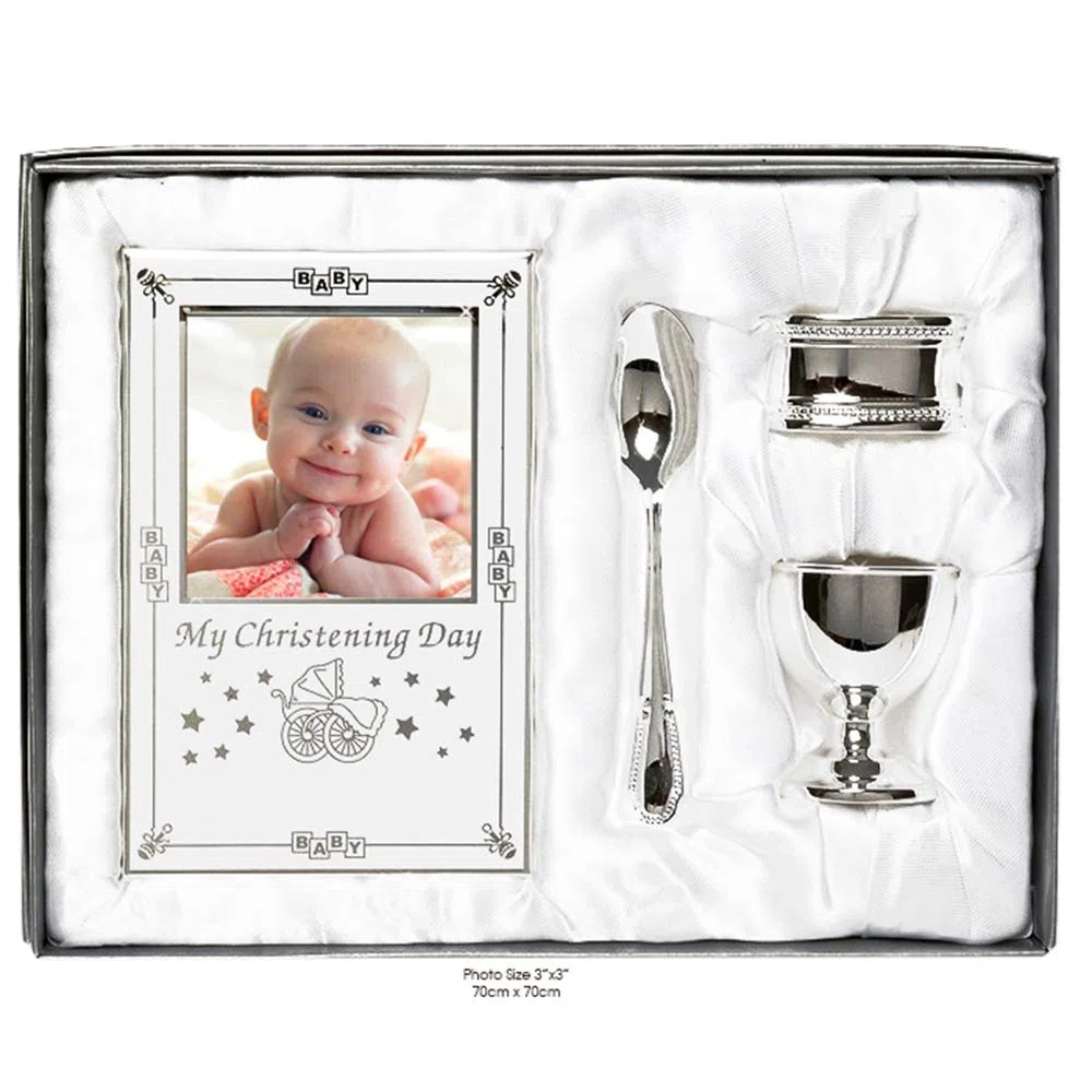 Bellissimo set regalo per battesimo placcato in argento, 4 pezzi, include portauovo, cucchiaio, cornice per foto del bambino, portatovaglioli in confezione regalo