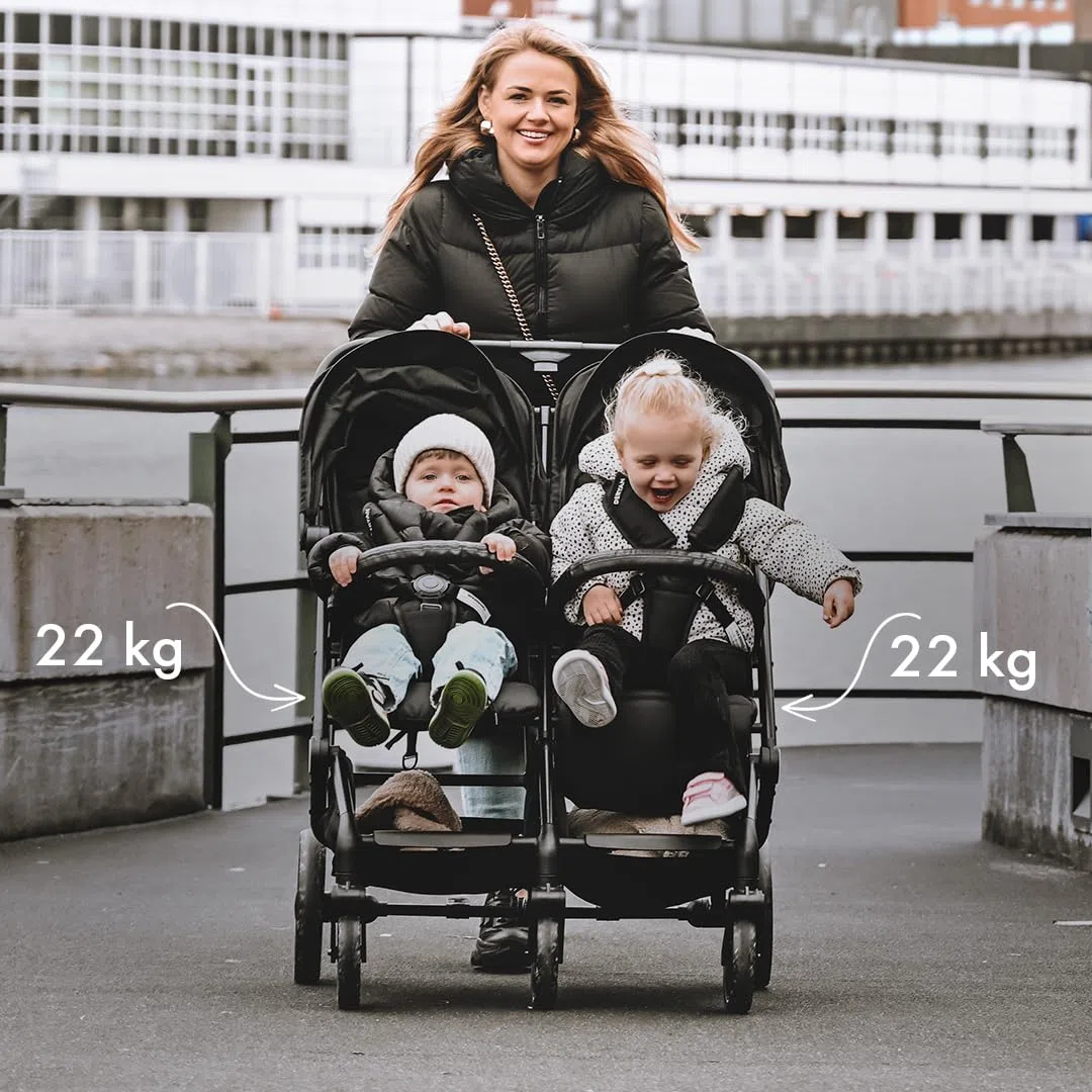 Passeggino Deryan XP X2 2 in 1 - Compatto e pieghevole - Adatto dalla nascita fino a 4 anni - Passeggino con portata massima di 22 kg per sedile - Nero
