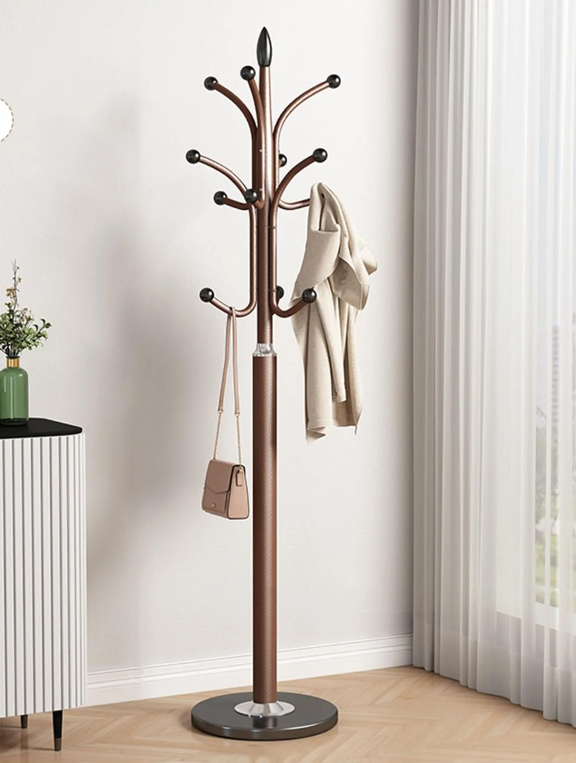 Appendiabiti da Terra Metallo Design Albero Base in Marmo 6 Ganci Stabile