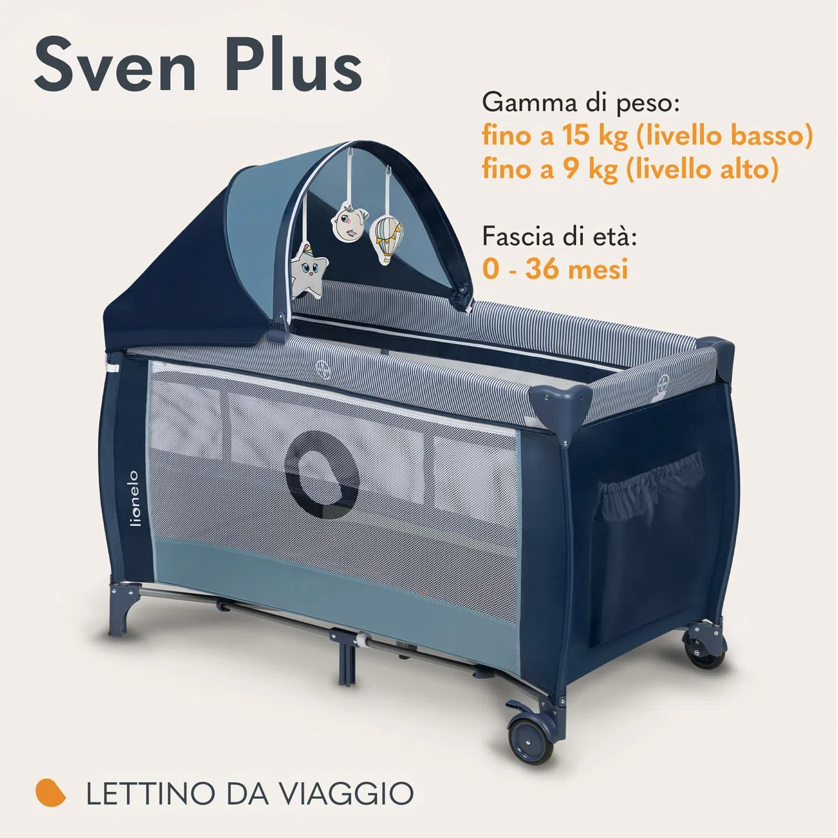 LIONELO Lettino da Viaggio SVEN con Materasso, Dalla nascita fino a 36 mesi, Lettino pieghevole con Fasciatoio, Baldacchino, Giocattoli Pendenti Ingresso laterale aggiuntivo LockGuard, Route con freno