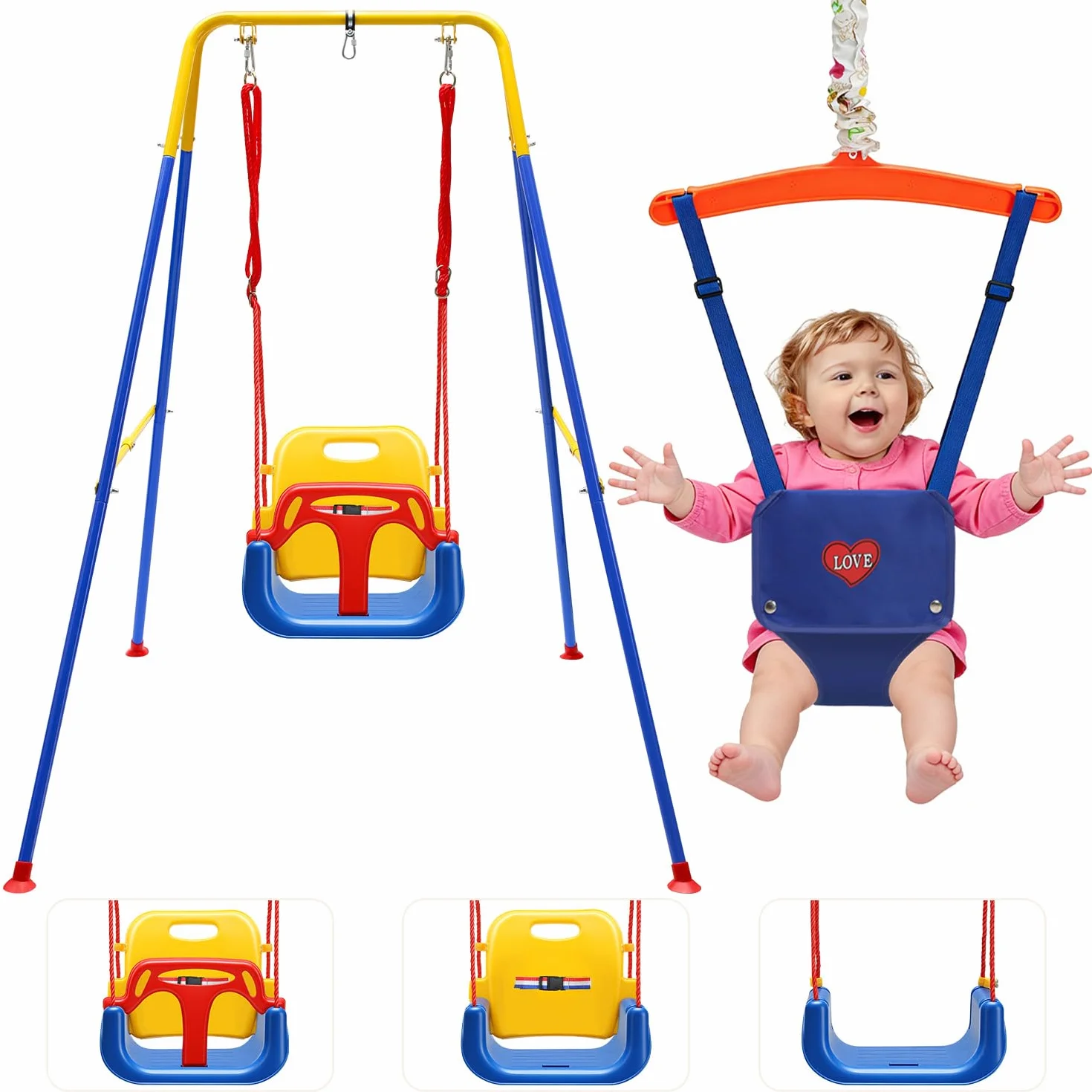Altalena per bambini 4 in 1, con telaio – Altalena per bambini, con cintura di sicurezza, pieghevole e 4 sacchi di sabbia, per interni ed esterni, facile da montare
